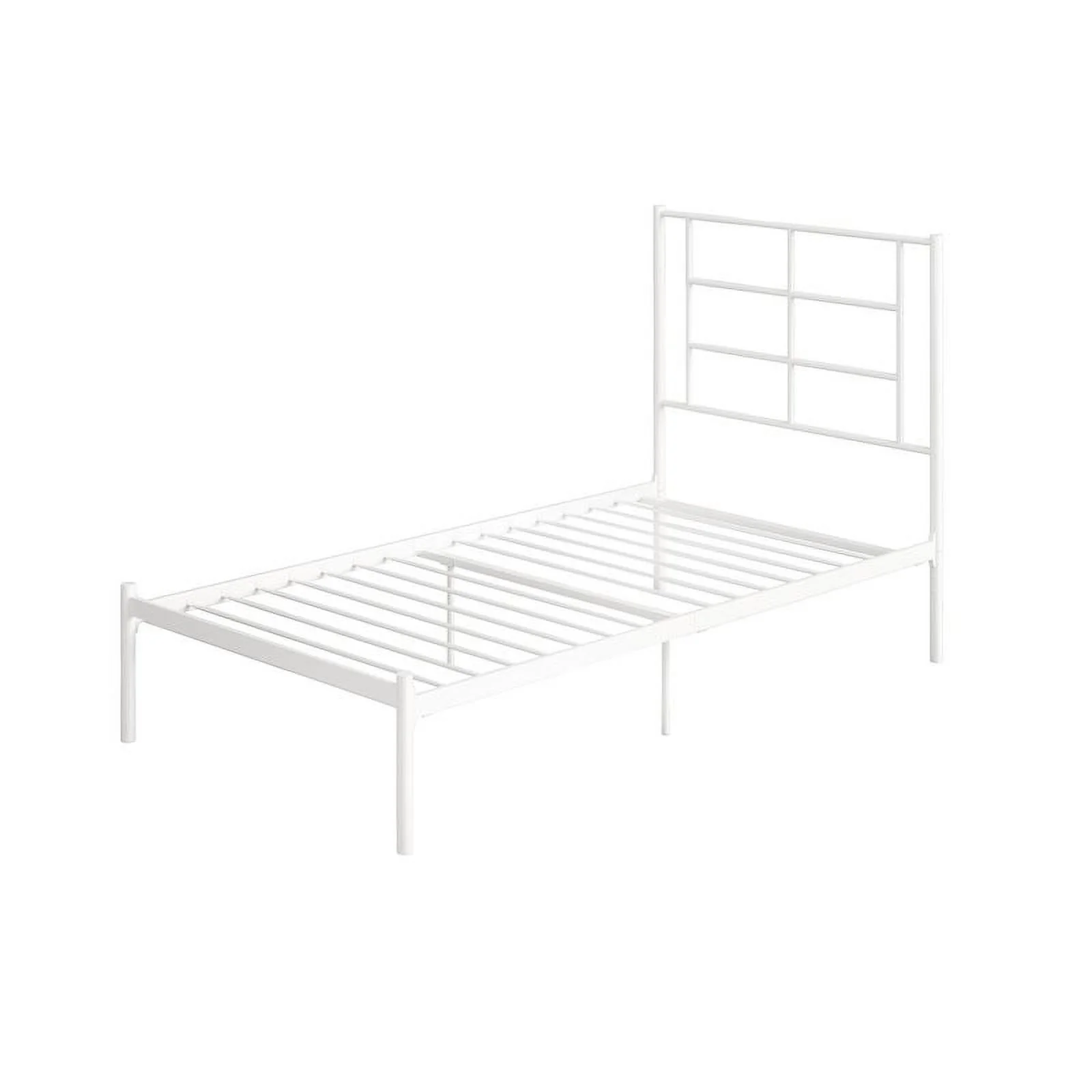 Twin Size Modern White Metal Platform Bed with Geometric Headboard