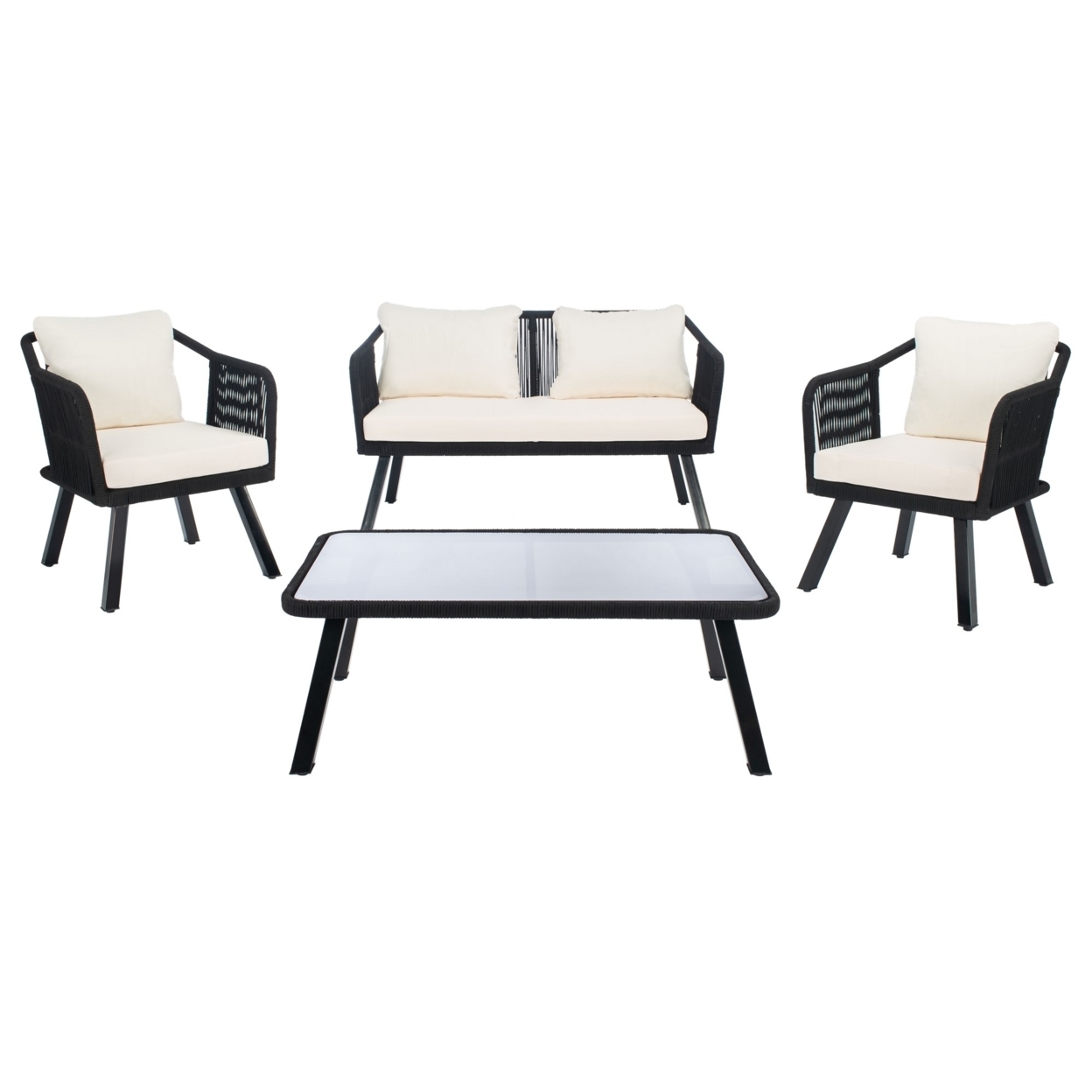 SAFAVIEH Torsla Outdoor Patio 4 Piece Conversation Set, Black/Beige