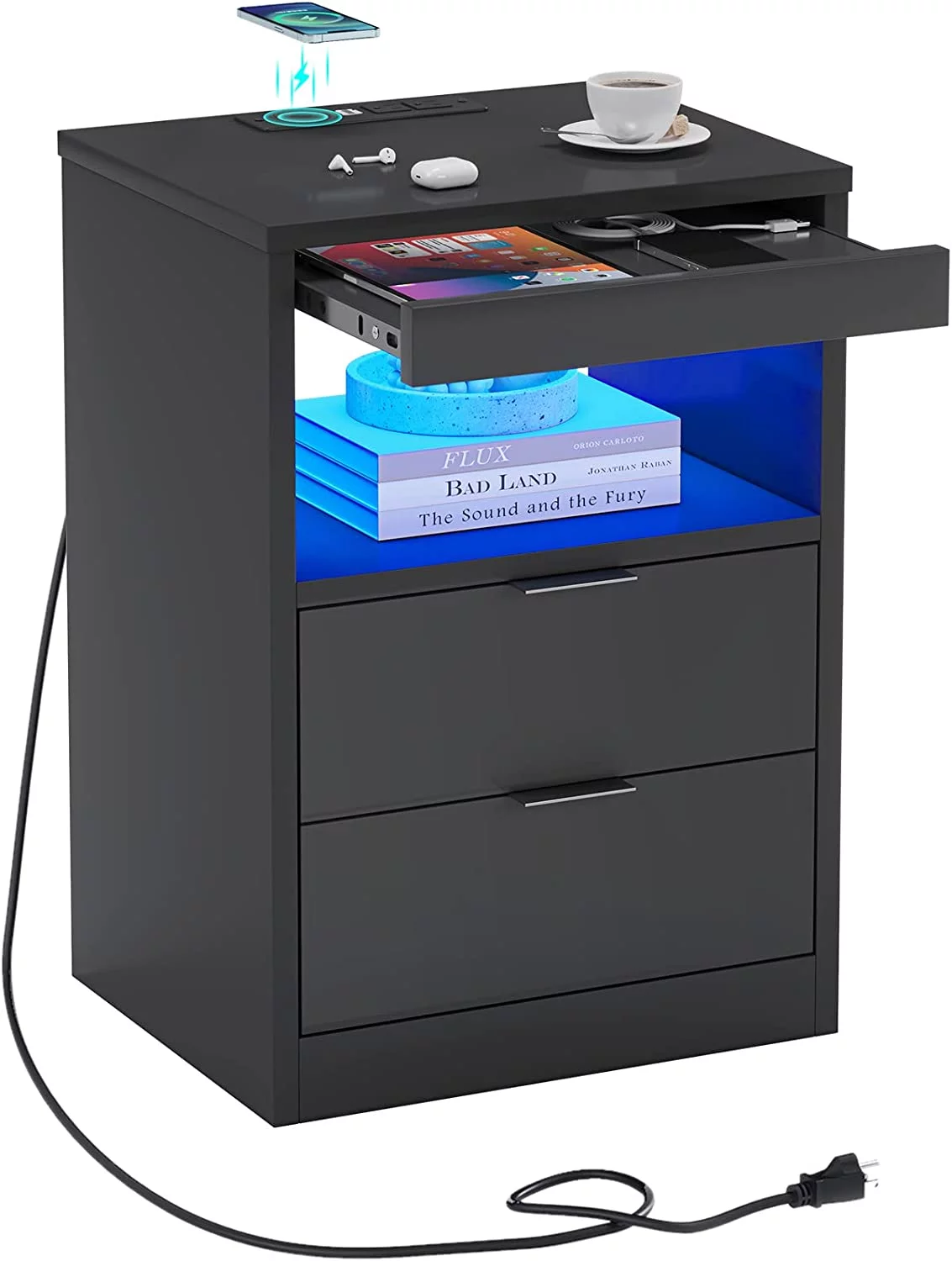 Tiptiper Nightstand with Wireless Charging Station 2 Drawers,Bedside Table with with LED Lights, Black