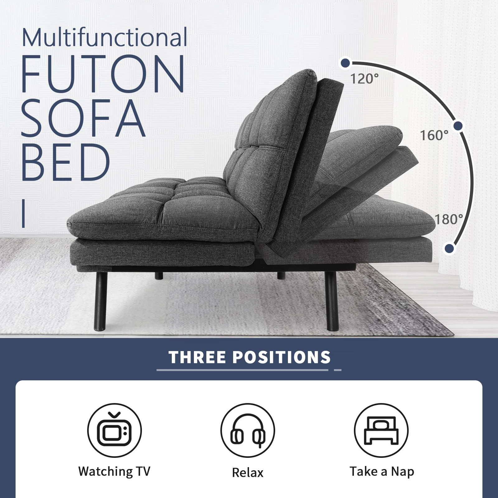Modern Sofa, Convertible Memory Foam Futon Sofa Bed with Adjustable Armrests and Backrest,Gray