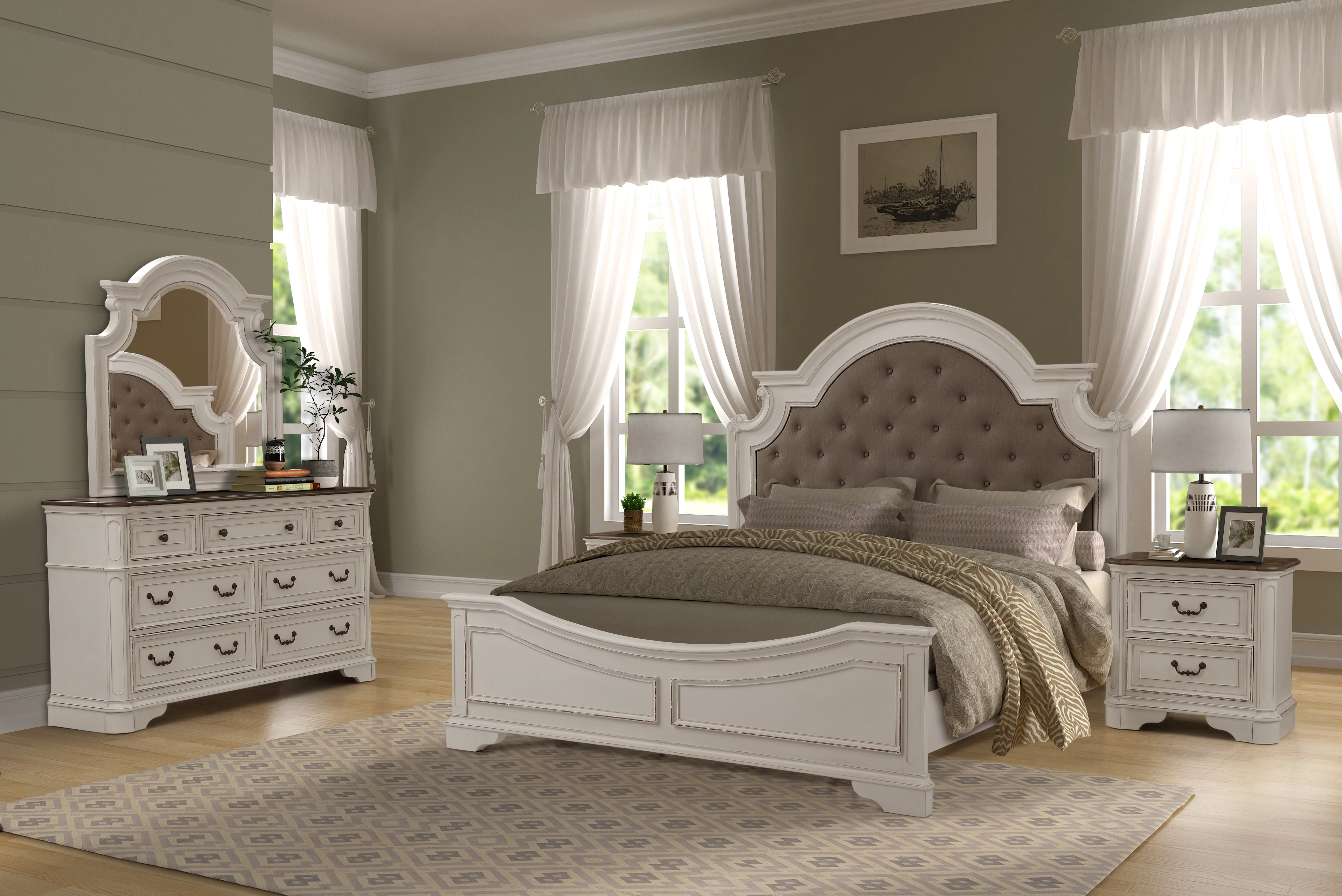 Laval Wood Bedroom Set, Upholstered King Bed, Dresser, Mirror, 2 Nightstands, Antique White and Oak