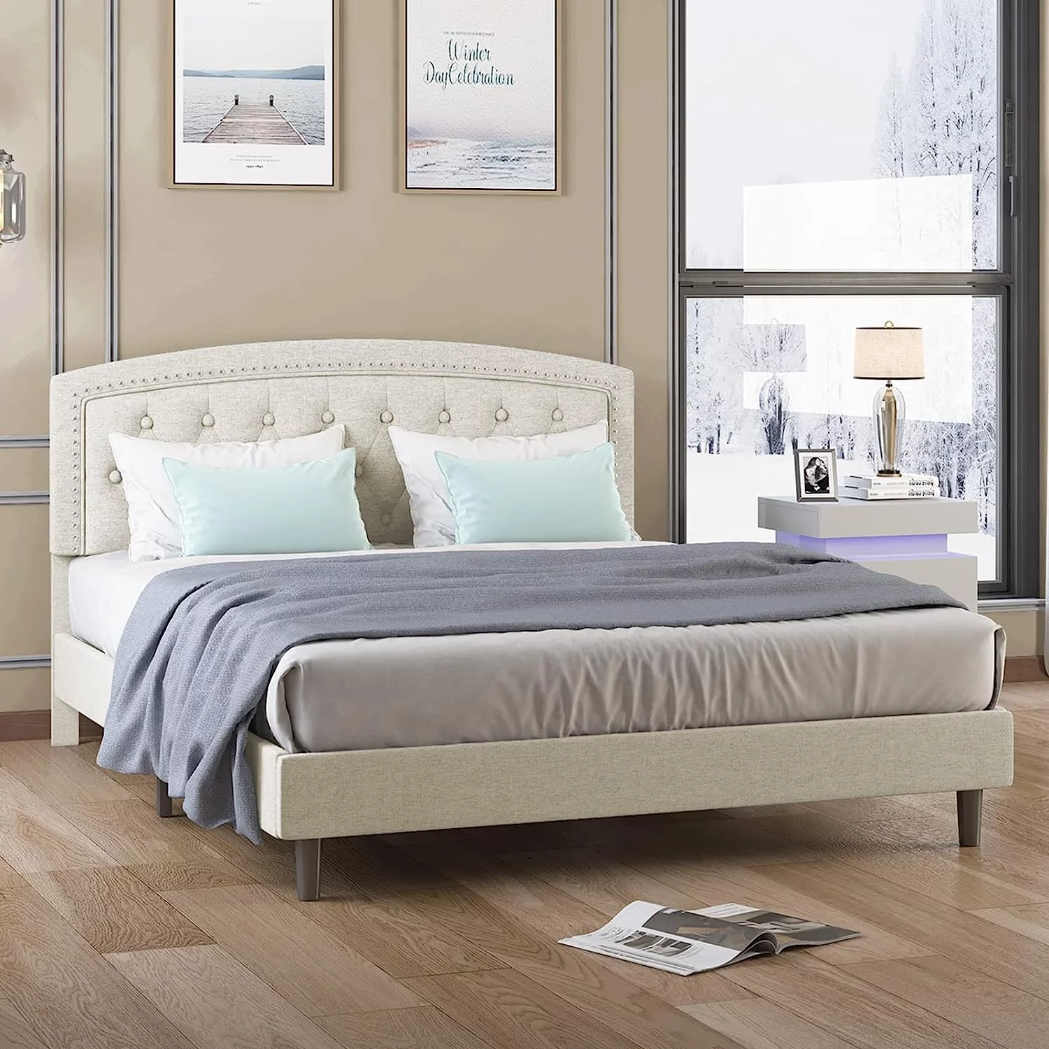 ZAFLY Platform King Size Bed Frame,Upholstered King Bed Frame with Fabric Button Tufted Headboard,Strong Wooden Slats Support,Mattress Foundation,No Box Spring Needed,Easy Assembly,Beige