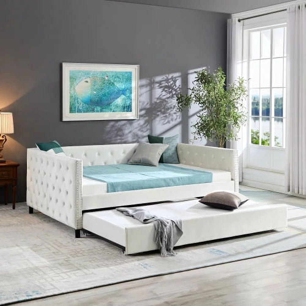 Sofa Bed With Wheels, Upgraded Velvet Upholstered Sofa Bed, With Button And Copper Nail On Square Arms,Bedroom Living Room Furniture (Beige,Full,82.75