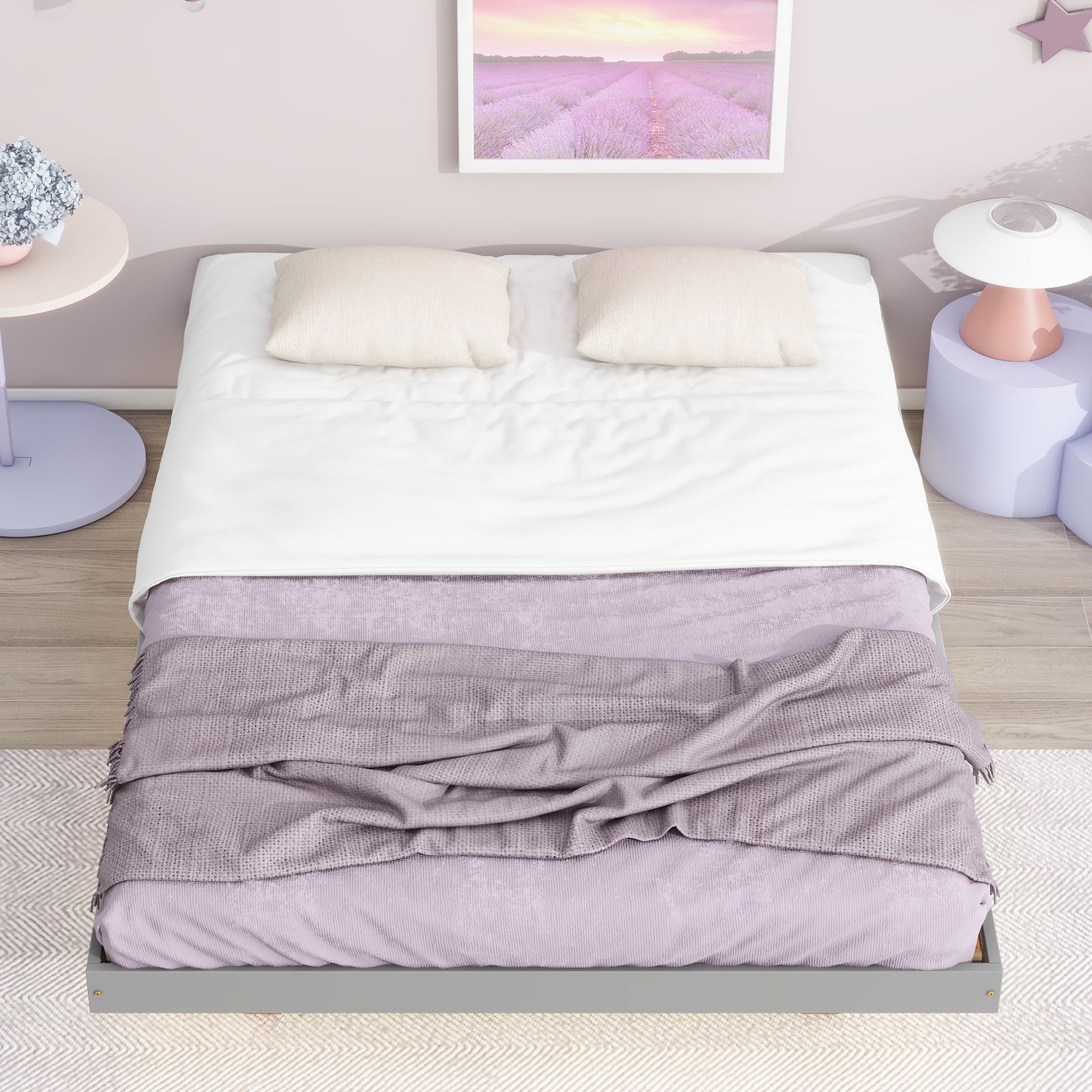 Solid Wood Low Profile Bed Frame with LED Lights Underneath, Floating Bed Frame, Mid Century Bedframe, Wood Foundation(Gray, Full)