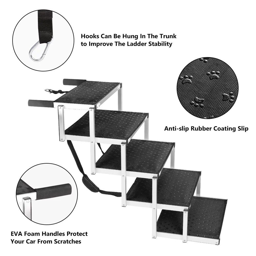 SMONTER Portable Dog Stairs for Large Dogs, Lightweight Aluminum Pet Ladder Ramp, Widen 5 Steps Dog Steps with Non-Slip Surface for High Beds, Trucks, Car and SUV, Support 180 LBS