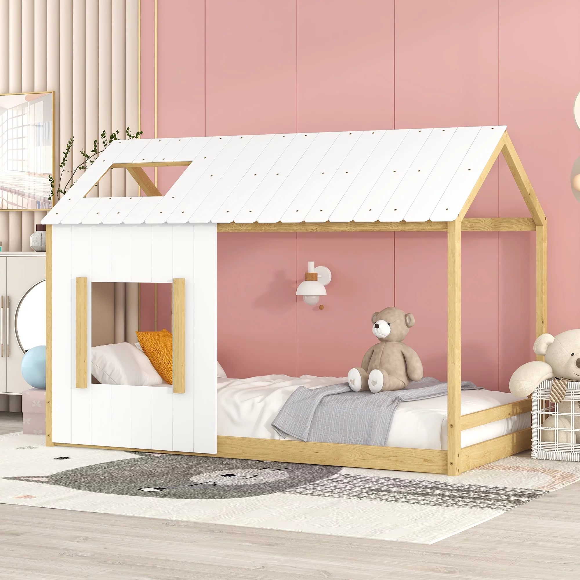 Gewnee Twin Size Wood House Bed,Floor Bed Playhouse Bed with Roof and Windows for Kids Room,Natural