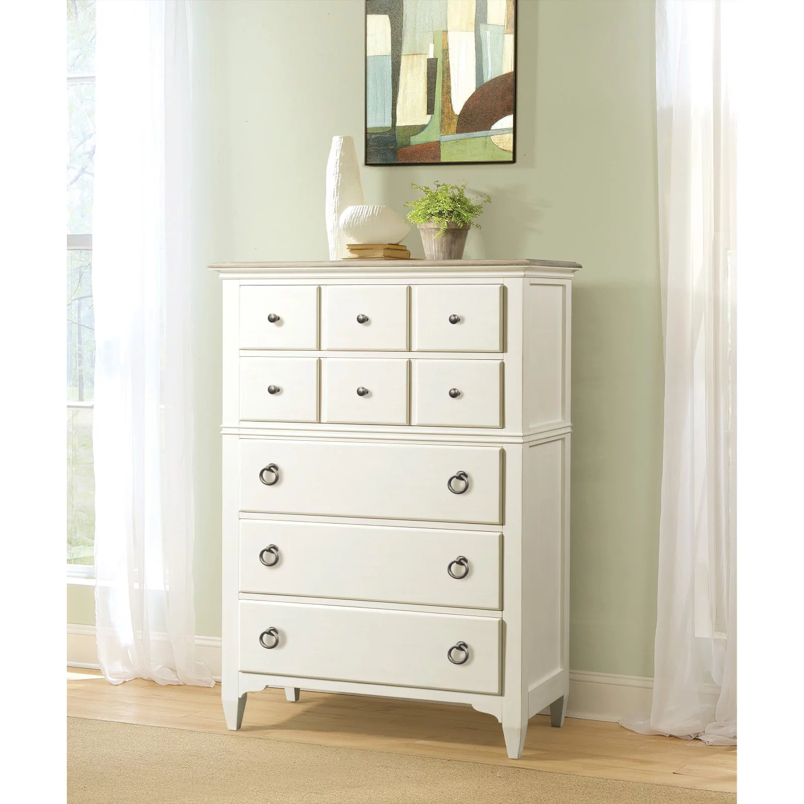 Riverside Furniture Myra Wood 5-Drawer Chest in Natural and Paperwhite