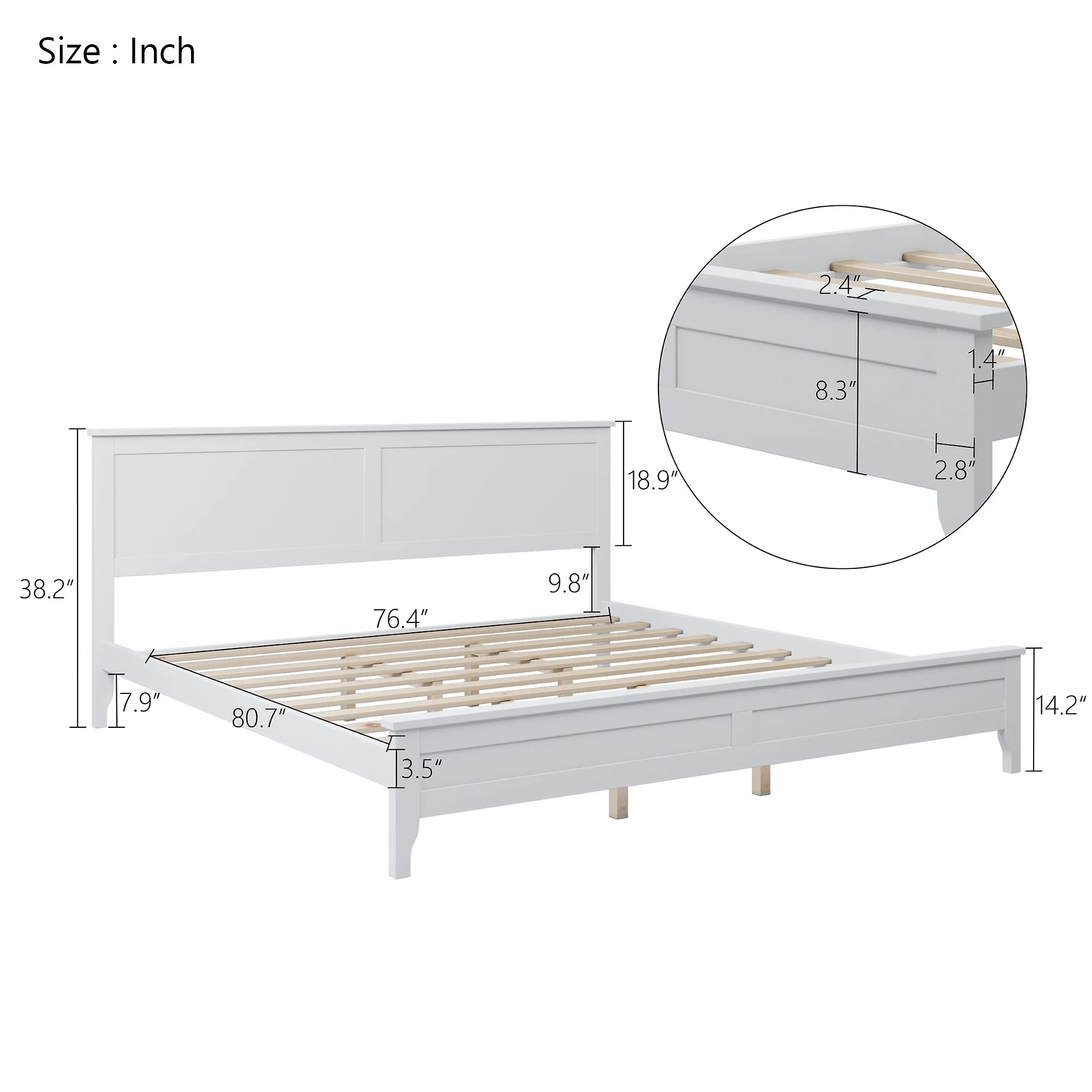 Pine Wood King Size Platform Bed with Vintage Headboard & Footboard, Solid Wood Slats Support White