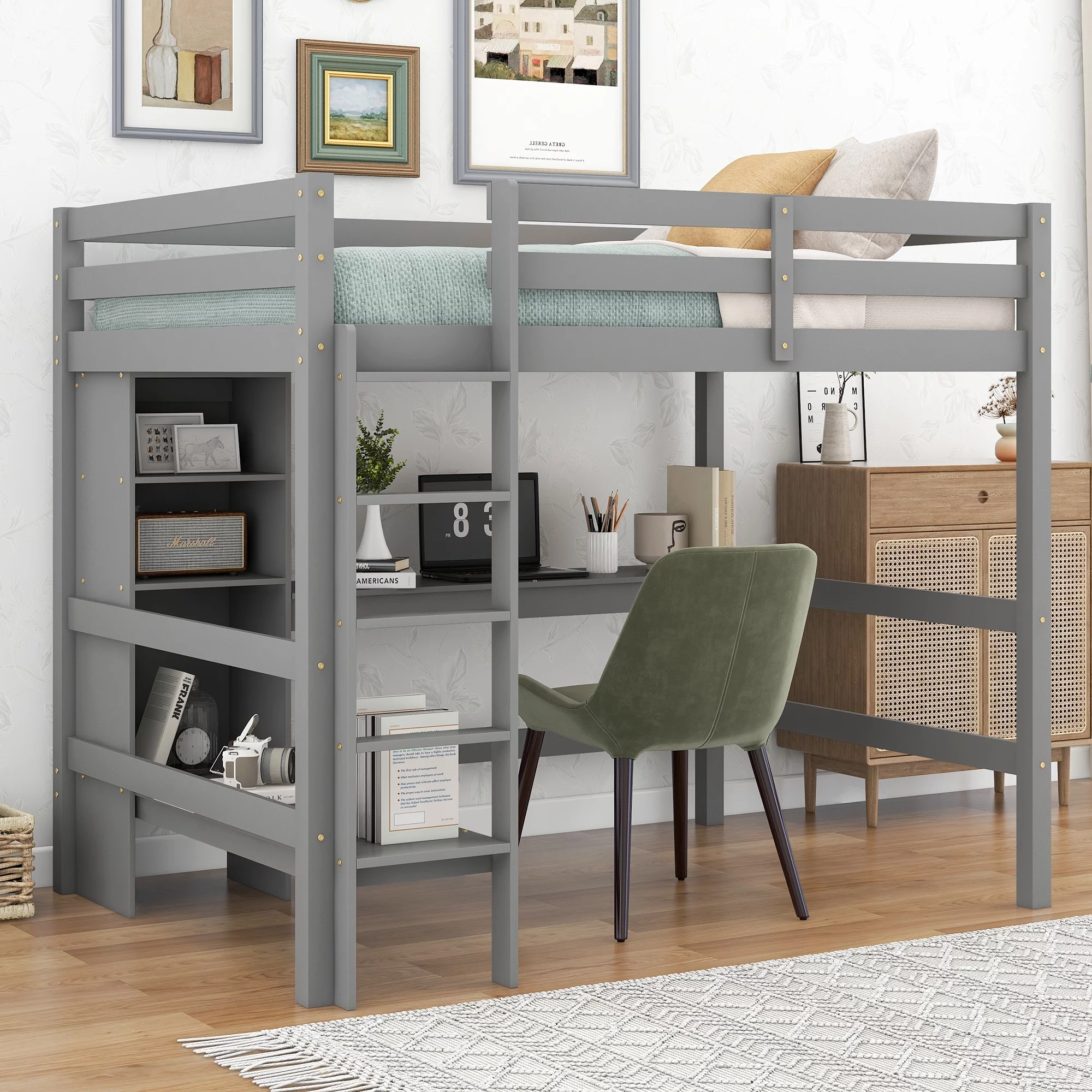 Euroco Full Size Loft Bed with Desk, Shelves and Bench for Kids Room, Solid Wood Bed with Relax Bench, Gray