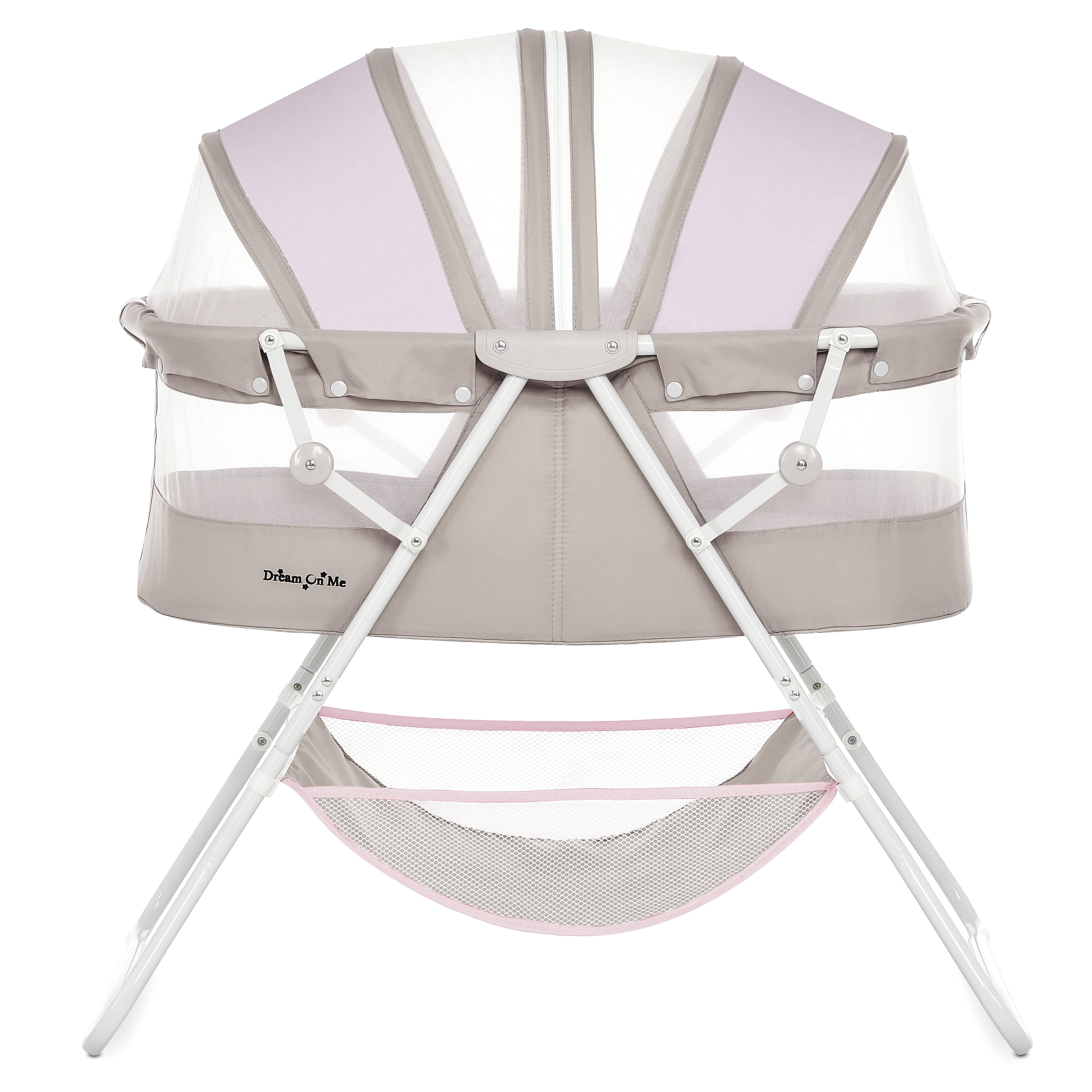 Dream On Me Karley Baby Bassinet in Grey and Pink, Lightweight Portable, Quick Fold and Easy to Carry , Adjustable Double Canopy, Indoor and Outdoor with Large Storage Basket. Grey/Pink