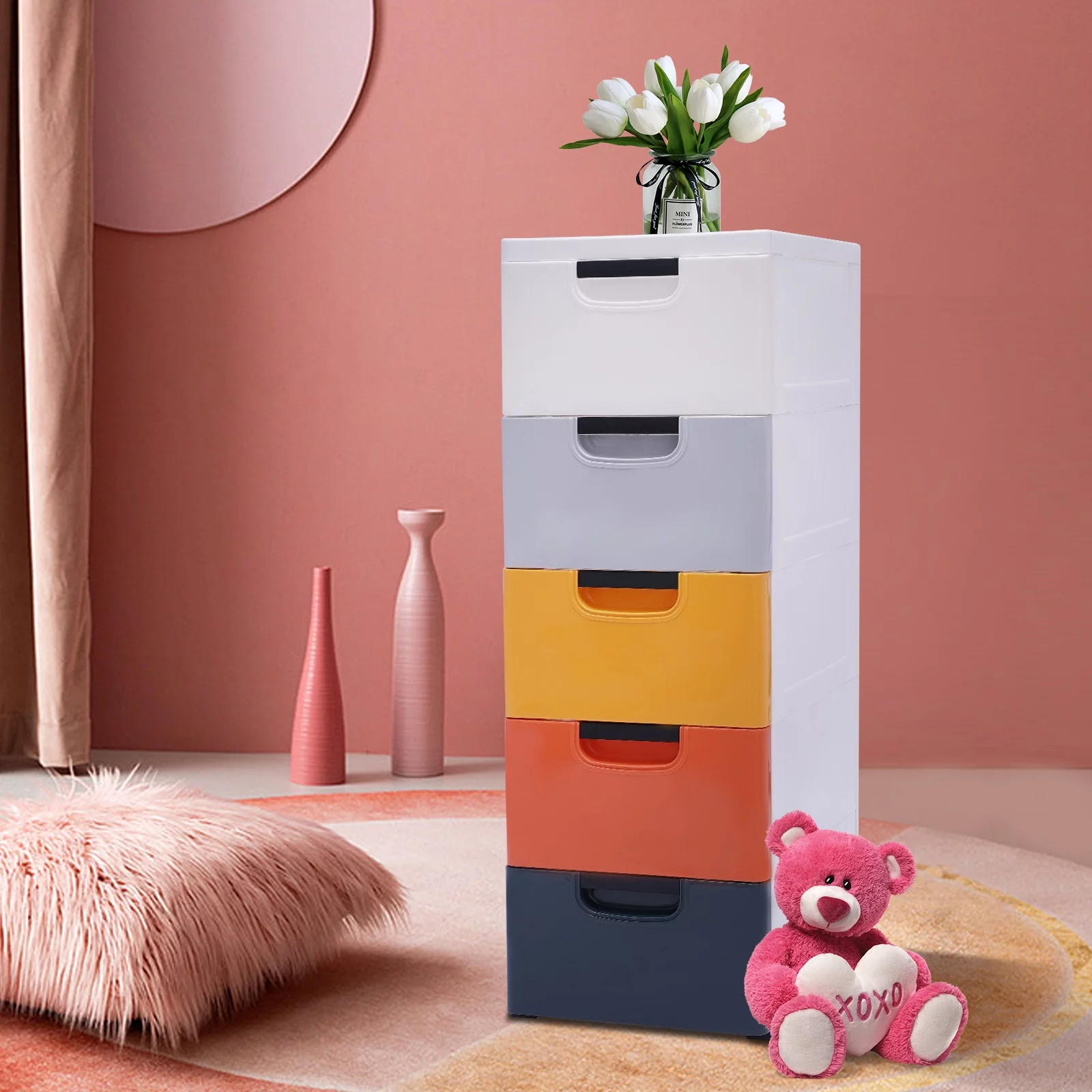 Loyalheartdy 5 Plastic Drawers Vertical Dresser Storage Cabinet Stackable Tower Closet Chest Organizer Morandi Color w/4 Wheels