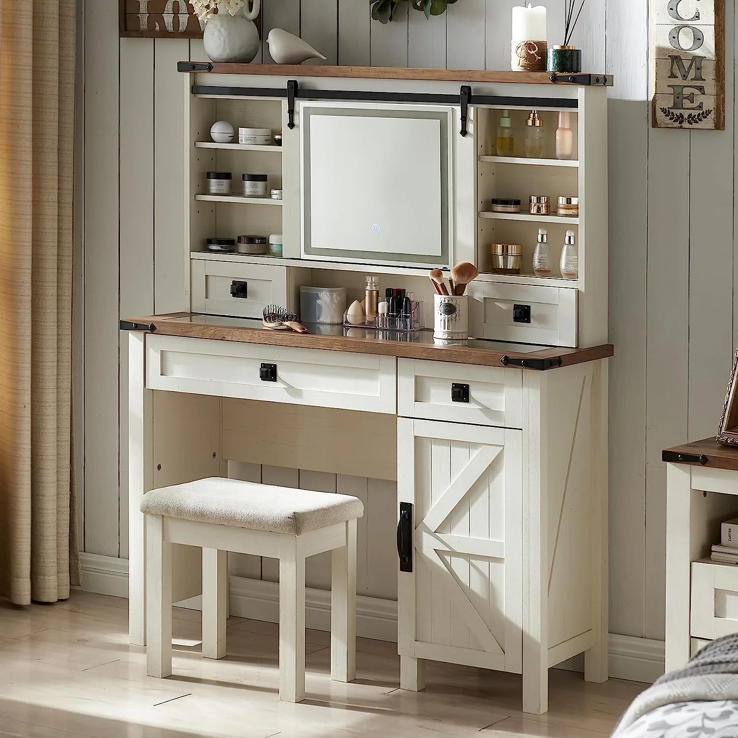 OKD Farmhouse Rustic Vanity Set with Sliding Mirror and Lights, Makeup Vanity Table Desk for Bedroom, 4 Drawers & Adjustable Shelves & Side Cabinet, White