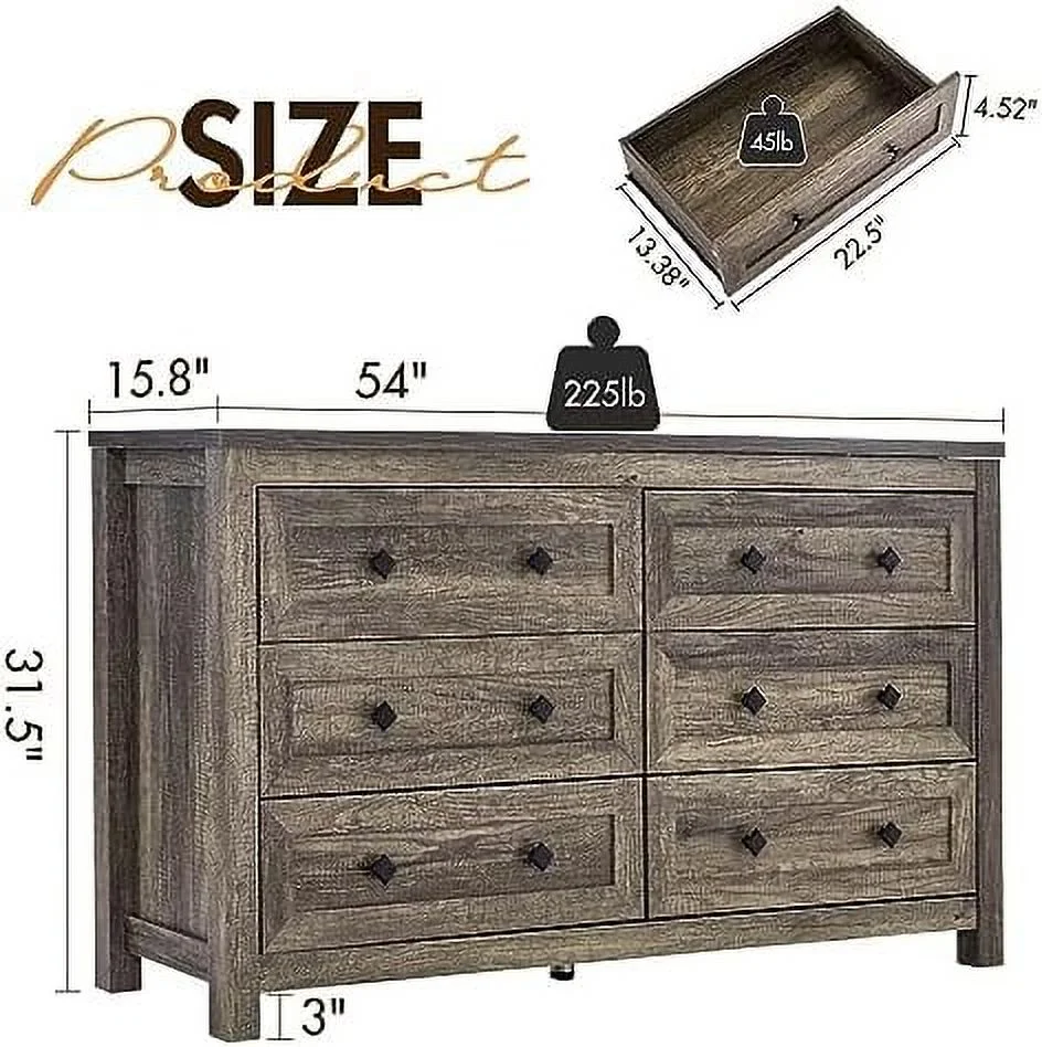 6 Drawers Dresser for Bedroom Farmhouse Wood Chest of Drawers with Vintage Grain Texture Drawer Double Dresser for Bedroom Living Room Hallway Dark Oak