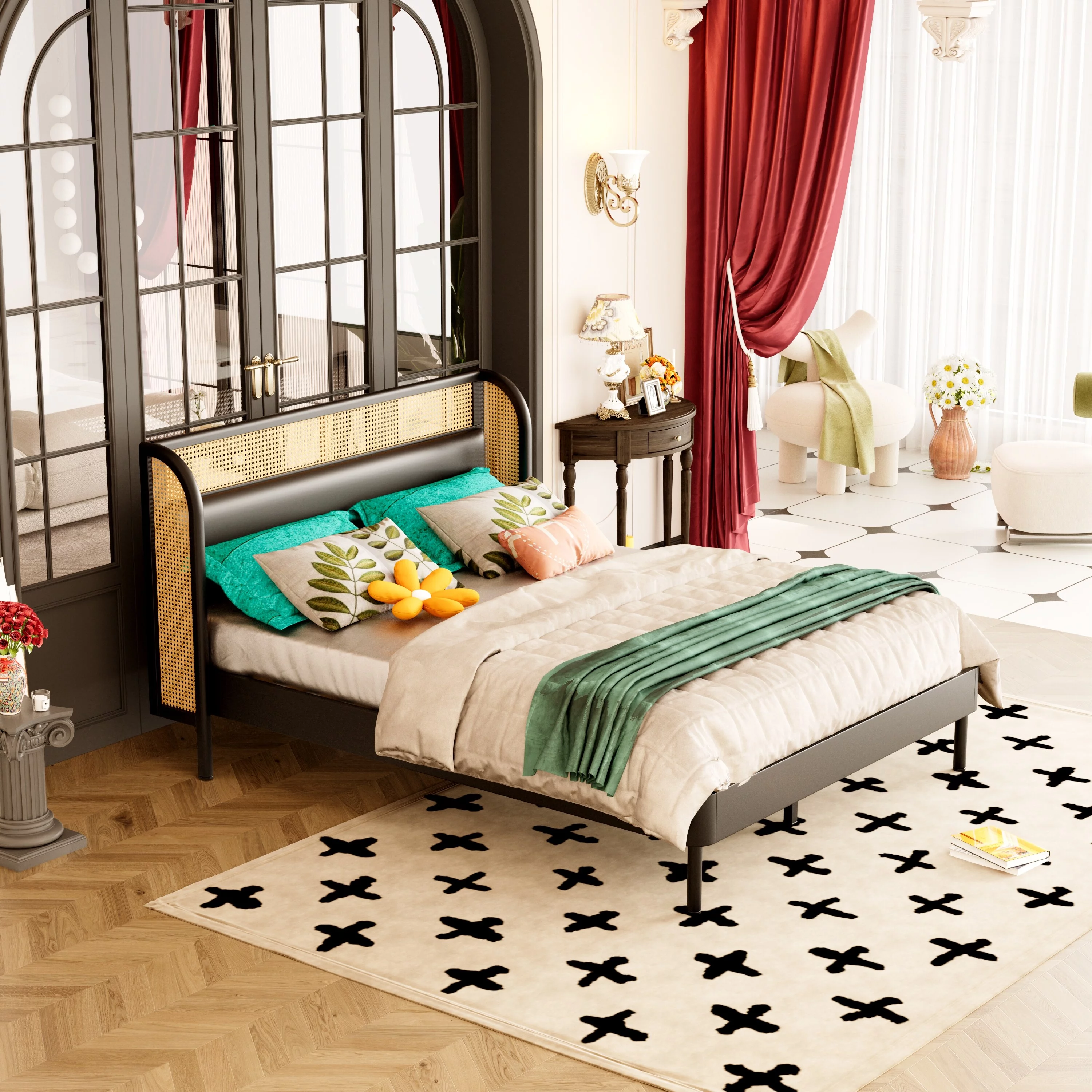 Modern Queen Size Rattan Wood Platform Bed Black