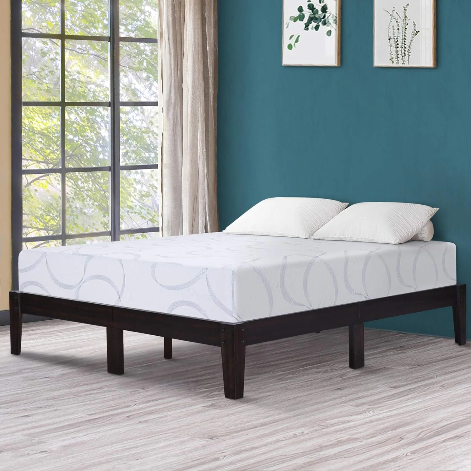 YINCHEN 14 Inch Solid Wood Platform Bed Frame/Anti-Slip Support/No Box Spring Needed/Easy to Set Up (King), Dark Brown