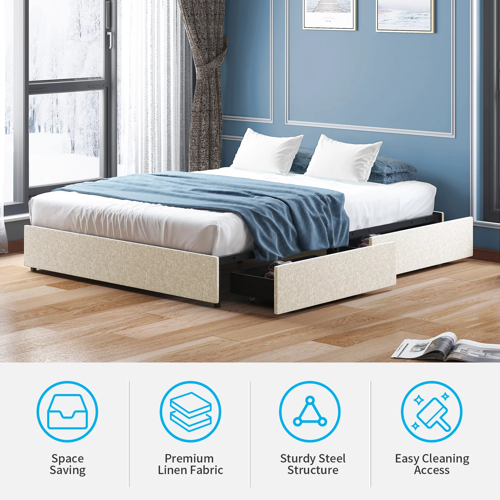 MUZZ King Size Bed Frame with 4 Storage Drawers, Cotton Linen Fabric Platform Bed Frame, Wood Slat Support, No Box Spring Needed/Easy Assembly/Space Saving | King, Beige