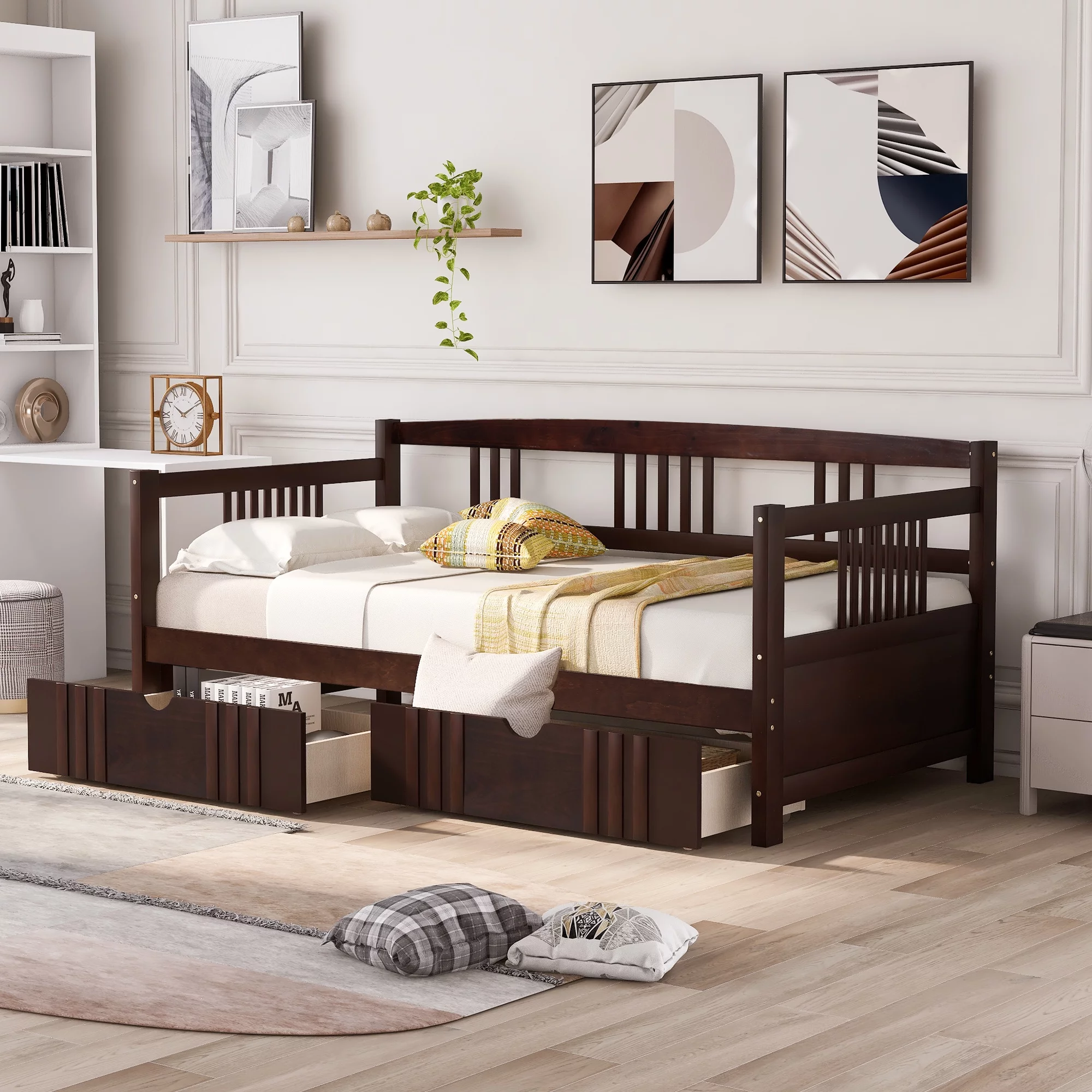 ASTARTH Wooden Twin Daybed Frame with 2 Drawers,Wooden Sofa Bed for Bedroom Living Room,Twin Size Daybed with Storage Drawers & Trundle (Espresso)