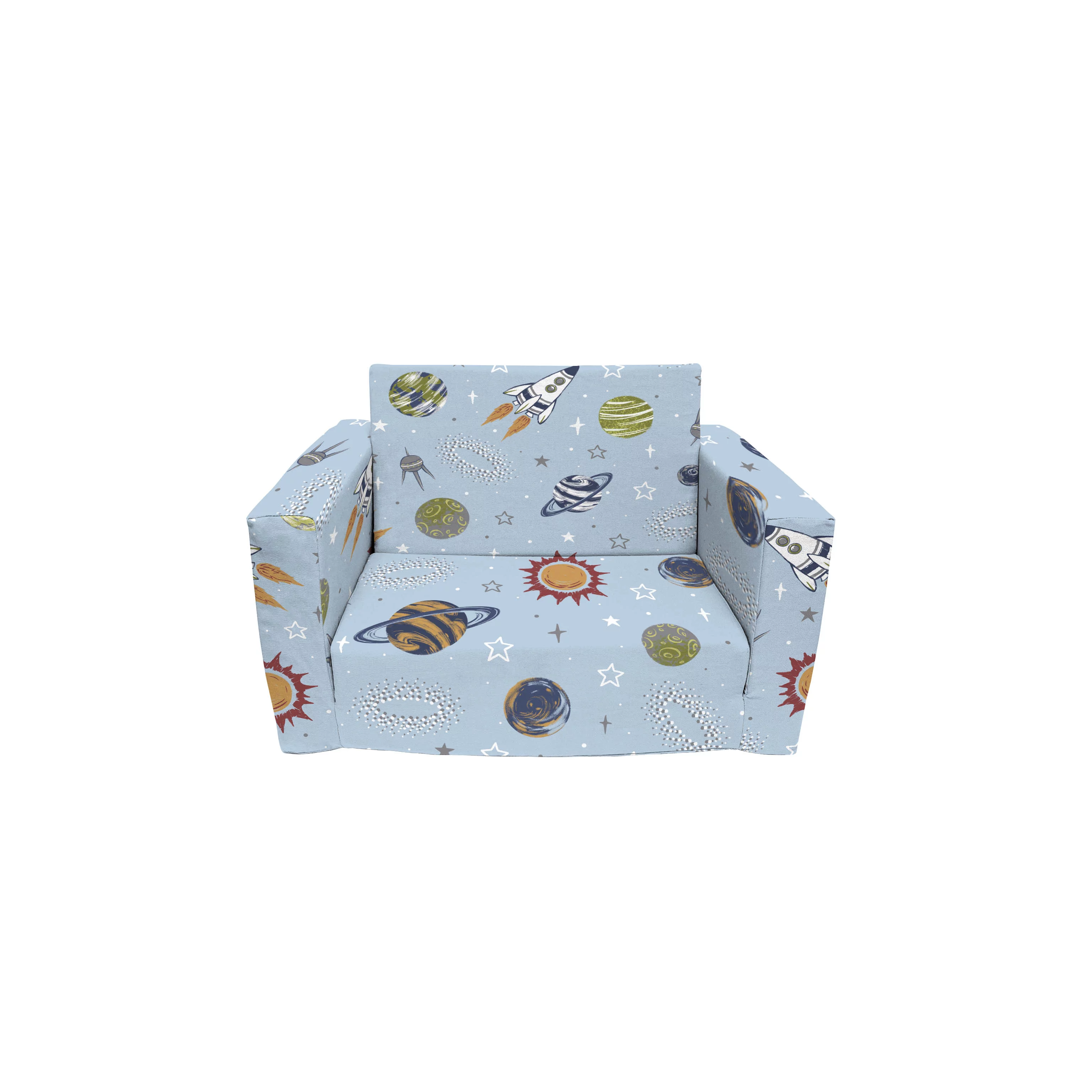fond + found Kids Sofa Couch,Toddler Children 2-in-1 Convertible Sofa to Lounger, Comfy Flip-Out Couch/Sleeper, Rocket Outer Space Toddler Couch Chair, Sofa Bed for Boys Girls
