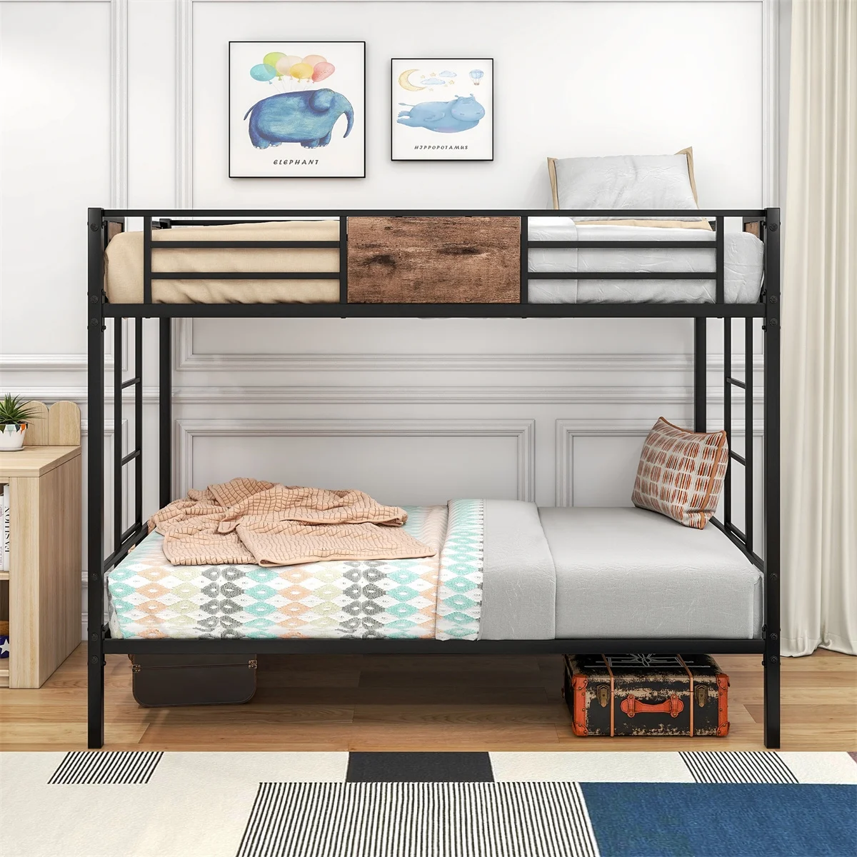 Twin Over Twin Bunk Bed, Metal Bunk Bed with Ladder and Full-Length Guardrail, Metal Bunk Bed, Storage Space, No Box Spring Needed, Noise Free, Black
