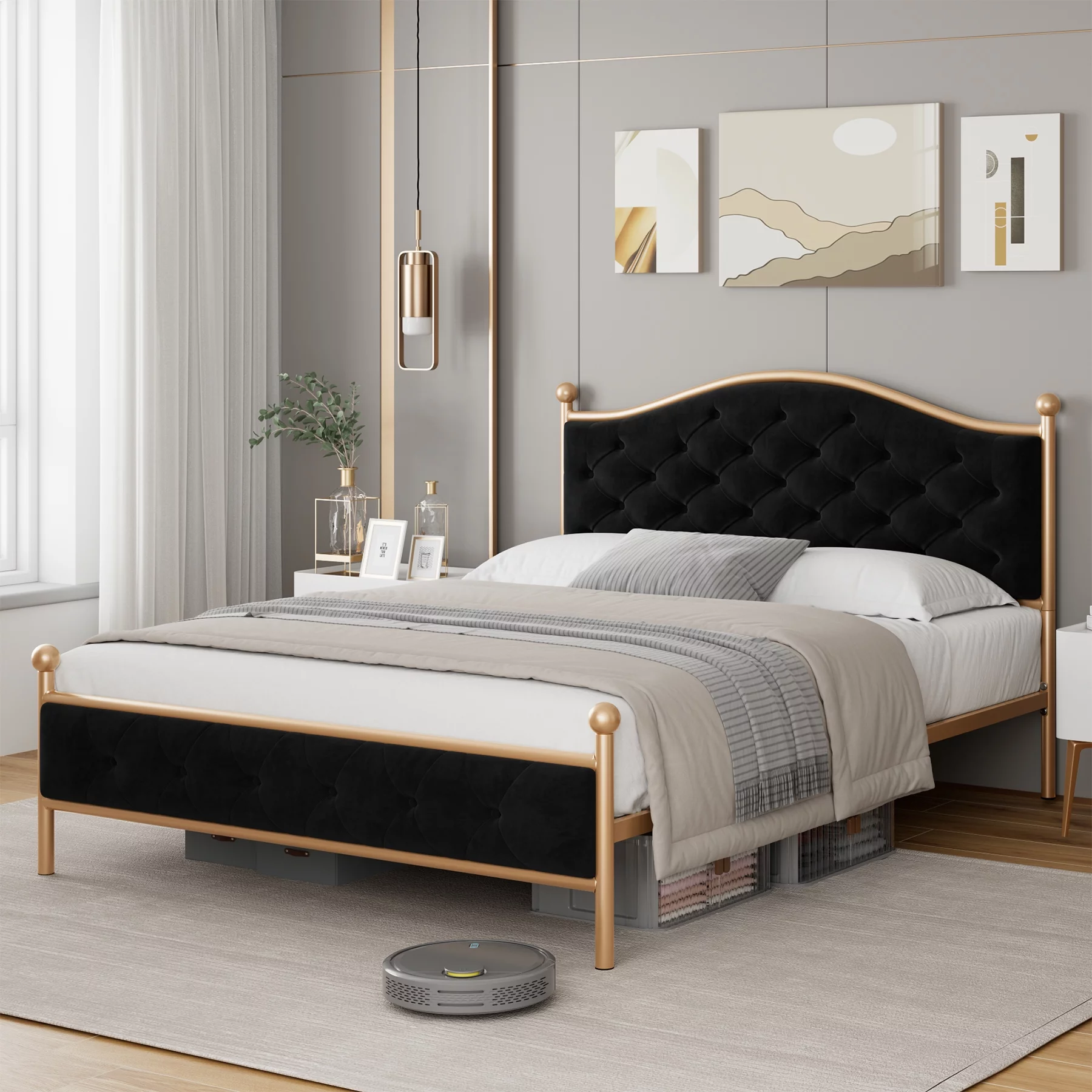 Homfa Queen Size Bed Frame, Button Tufted Upholstered Headboard Platform Bed with Metal Tubular, No Box Spring Needed, Black