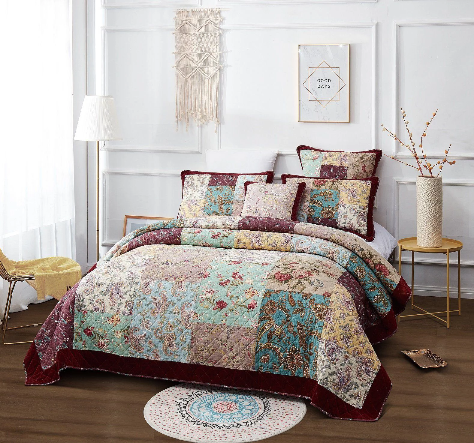 DaDa Bedding Bohemian Burgundy Red Velvet Trim Floral Paisley Patchwork Cotton Bedspread Set (JHW-868)