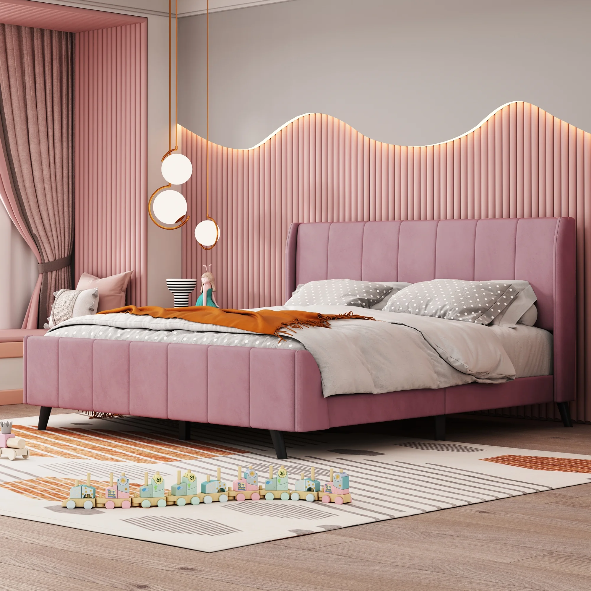 Velvet Queen Bed Frame Upholstered Platform Bed for a Luxurious and Elegant Bedroom Upgrade-Pink