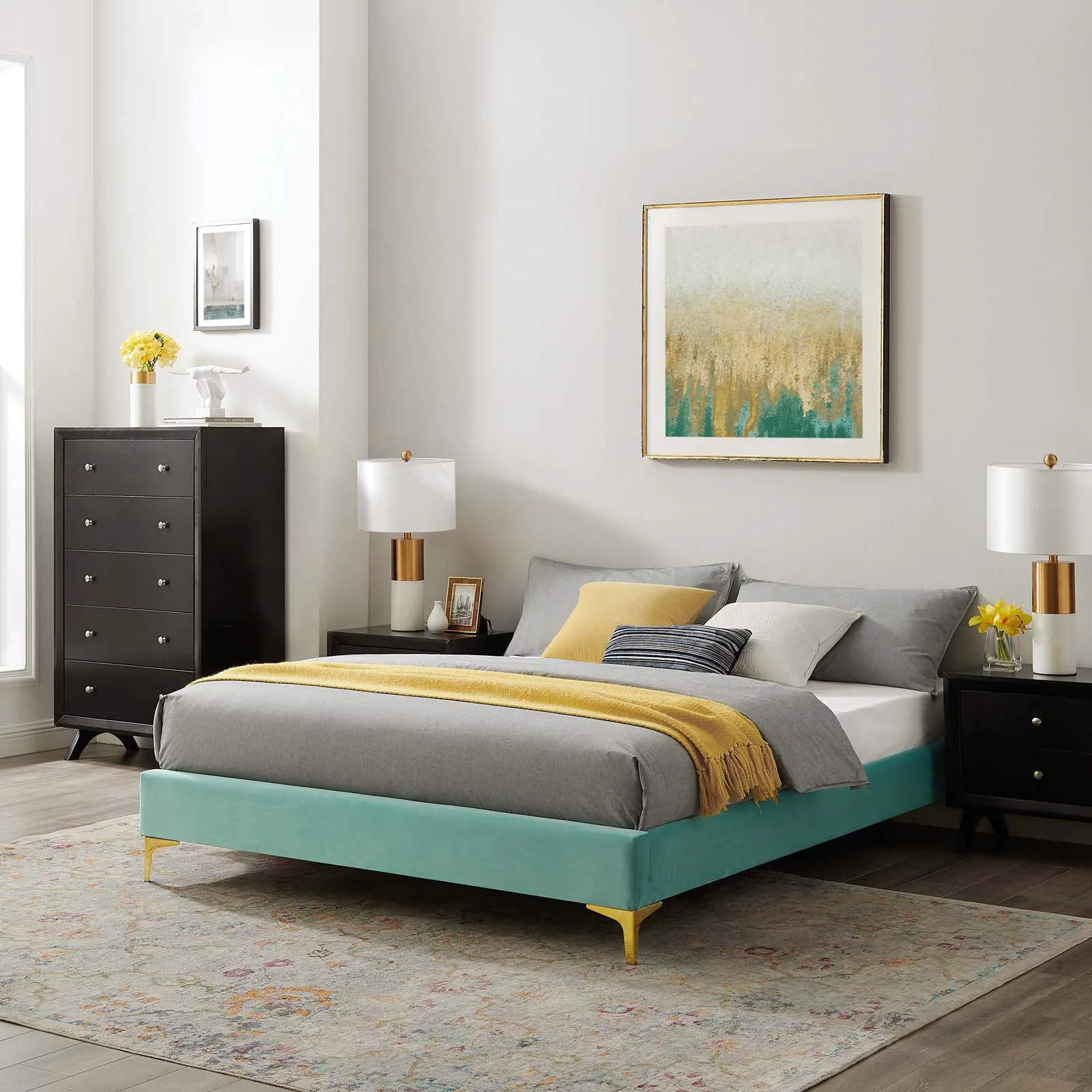 Platform Bed Frame, King Size, Velvet, Blue, Modern Contemporary Urban Design, Bedroom Master Guest Suite