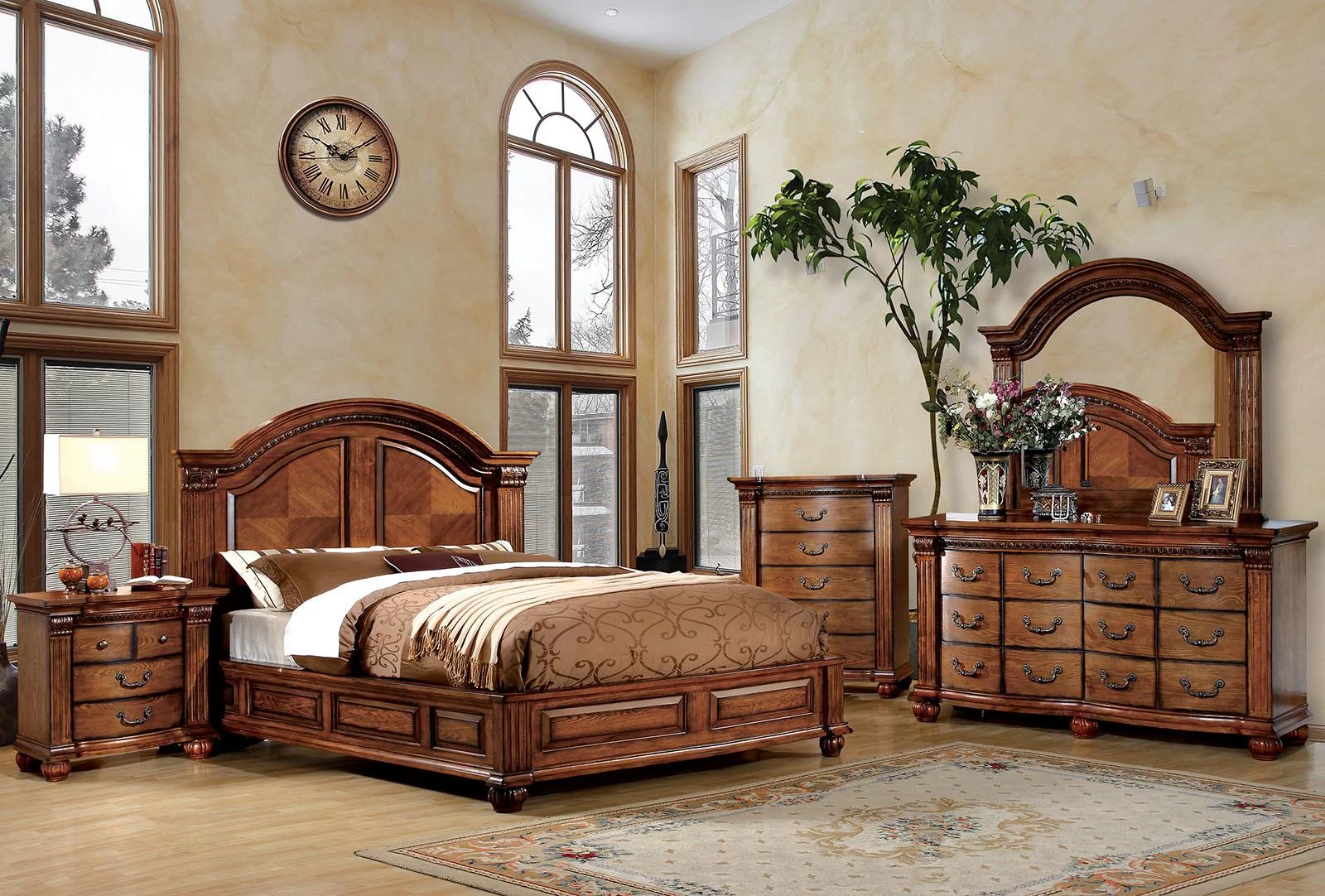 Antique Tobacco Oak Solid Wood King Bedroom Set 5pcs FOA CM7738-EK Bellagrand