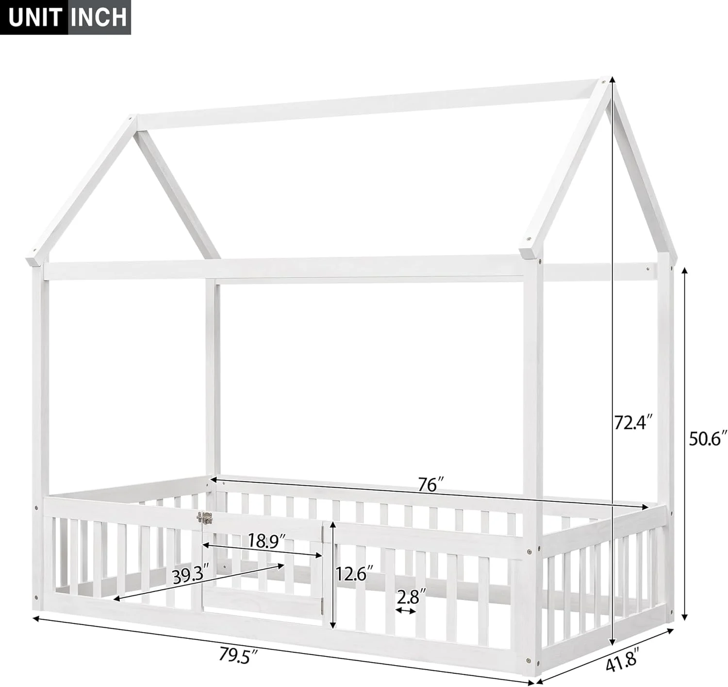 Size Motessori House Bed For Kids, Wood Floor Beds With Fece Railigs & Door, Playhouse Bed For Boys Girls, Box Sprig eeded, White Wash
