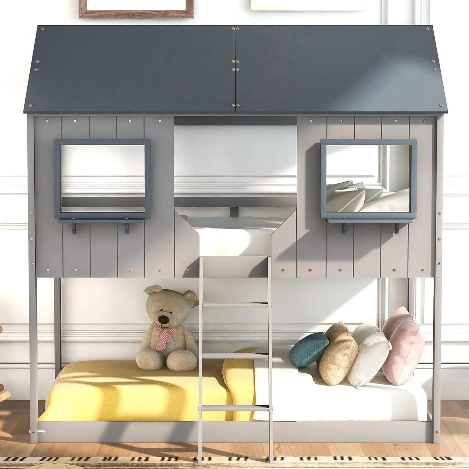 House Bunk Bed Over , Kids Bunk Beds With Roof And Windows, Wood Low Bunk Beds For Girls Boys,No Box Spring Needed,Grey