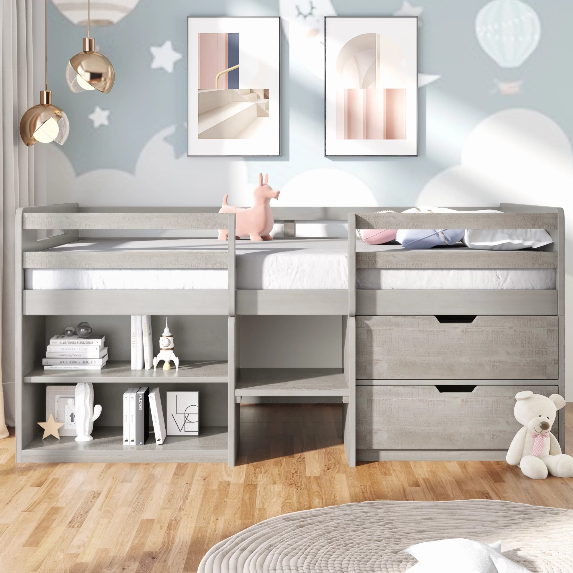 Dcenta Twin size Loft Bed with 2 Shelves and 2 drawers Gray,Overall Product Dimension:76.7” x 41.7” x 37.4”(L x W x H),