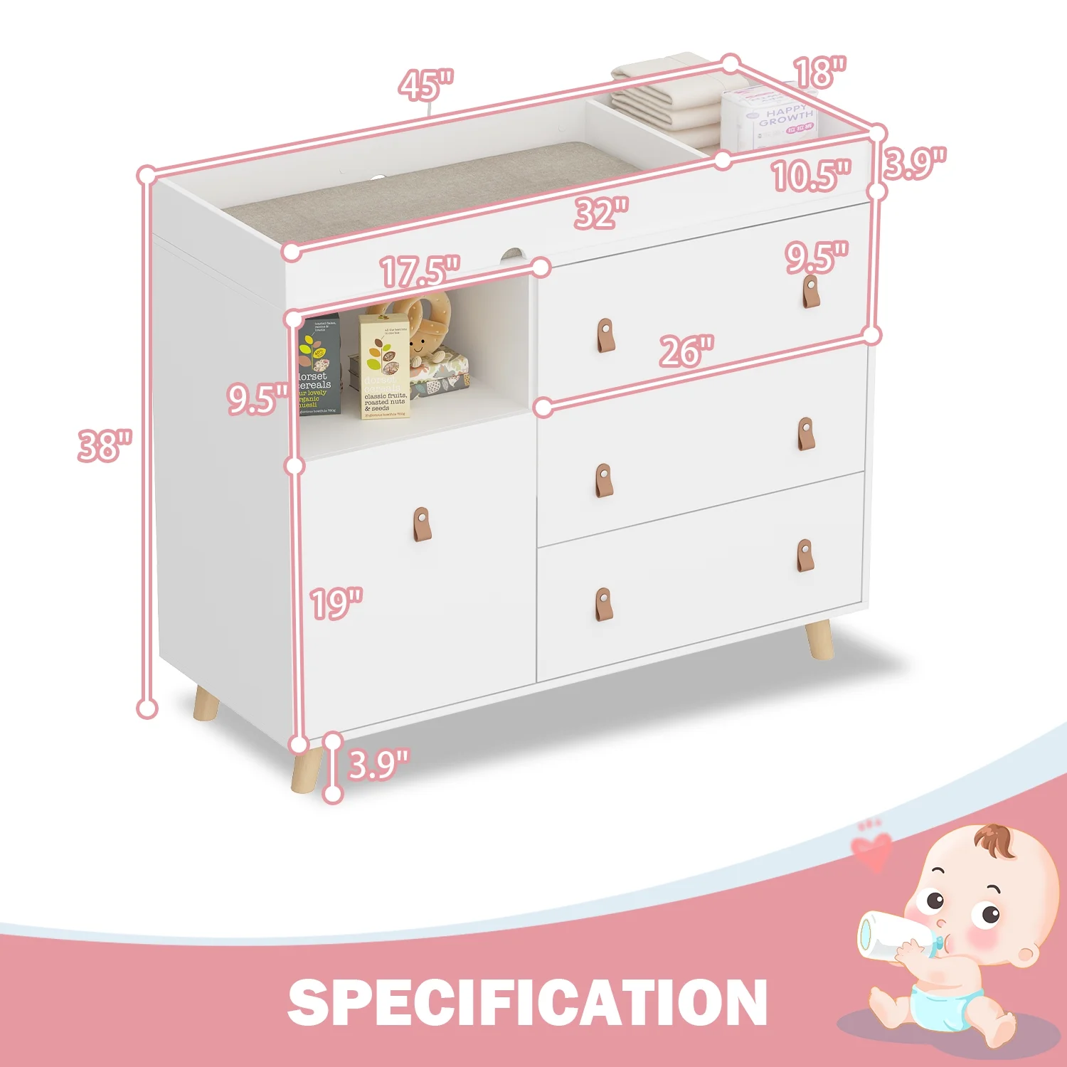OXYLIFE Baby Nursery Changing Table Dresser with 3 Drawers and Shelf for Nursery Room, White