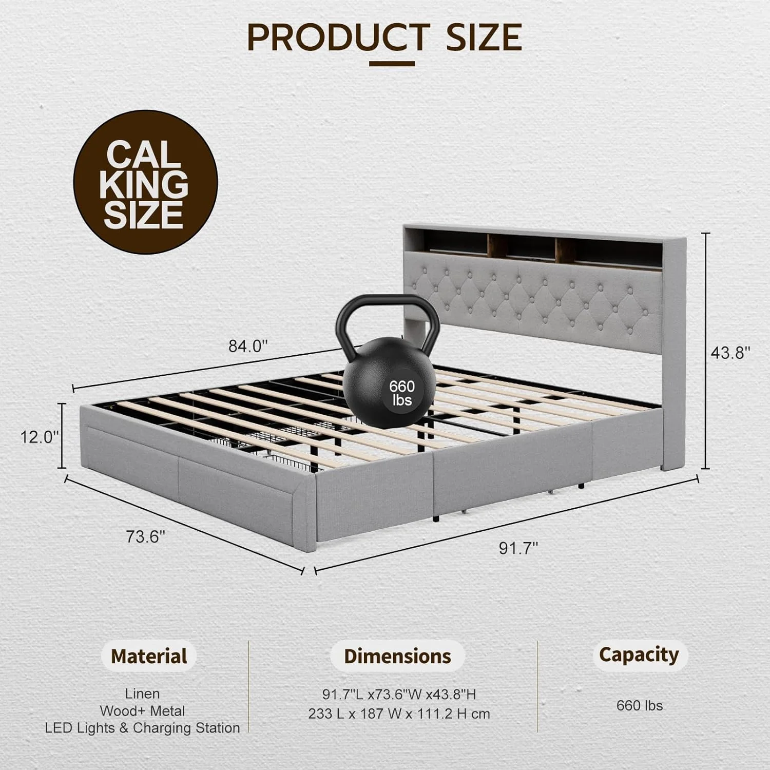 IKIFLY California King Bed Frames with Charging Station & Storage Headboard, Upholstered Linen Button Tufted LED Platform Bed with 4 Drawers, Solid Wood Slats, No Box Spring Needed - Light Grey