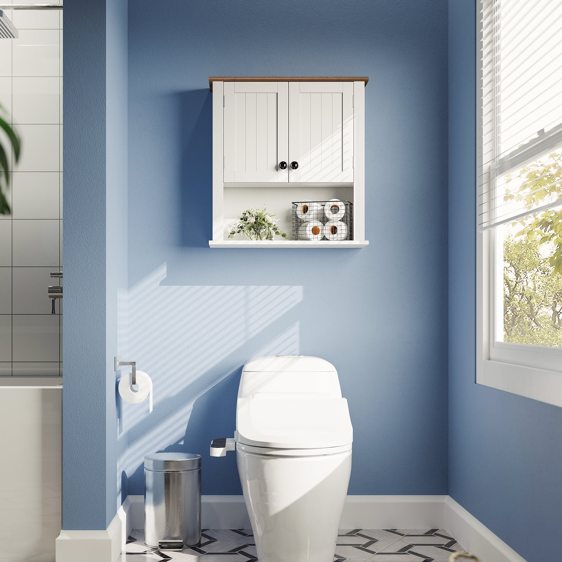 WAMPAT Bathroom Floating Cabinet with Doors, White Wood Wall Mounted Cupboard Over the Toilet with Adjustable Storage Shelf and Open Cottage Collection for Living Room, Kitchen, Entryway