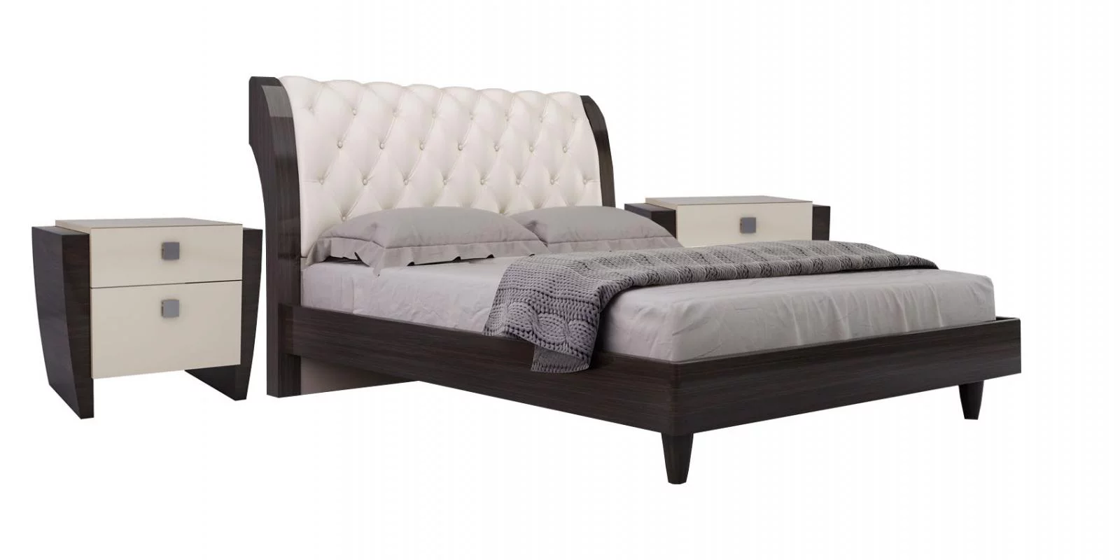 Wenge & Beige Gloss Finish Tufted King Bedroom Set 3Pcs Global United Paris