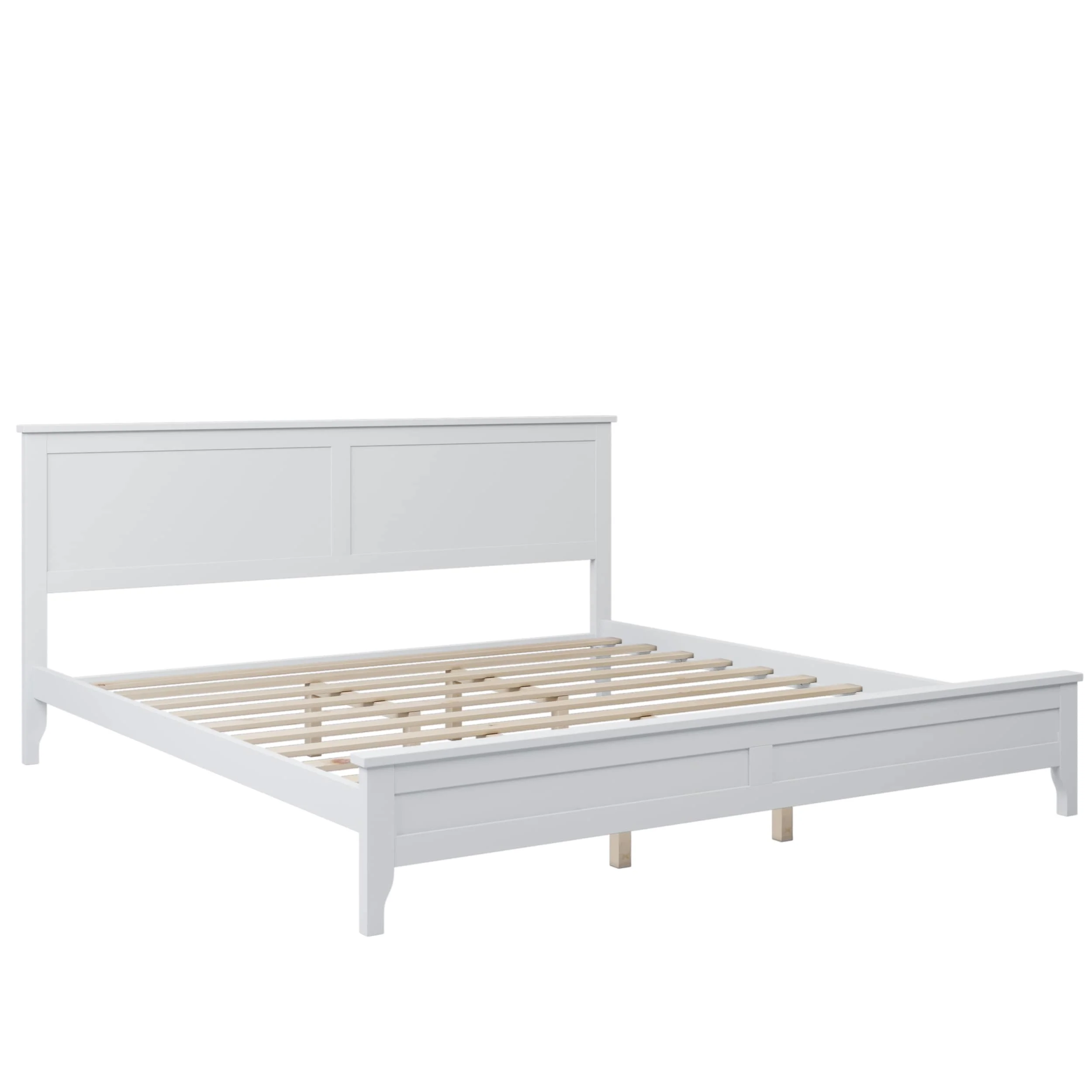 Pine Wood King Size Platform Bed with Vintage Headboard & Footboard, Solid Wood Slats Support White