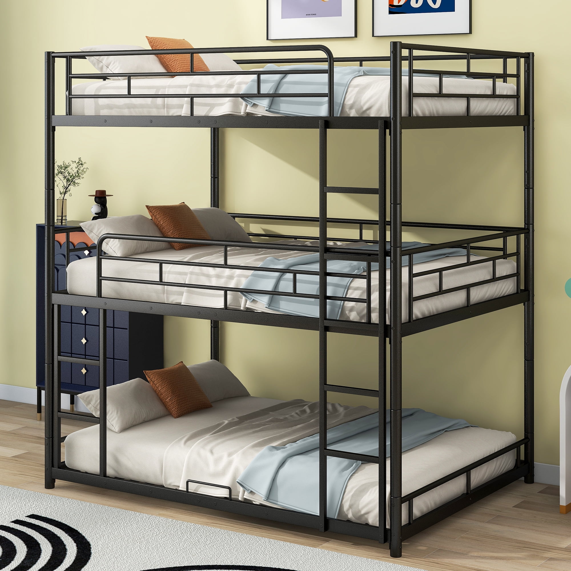 Euroco Metal Full over Full over Full Bunk Bed, Triple Bed for Kids Room, Divided inot 3 Full Platfrom Beds for Kids Teens Adults, Space-Saving, Black