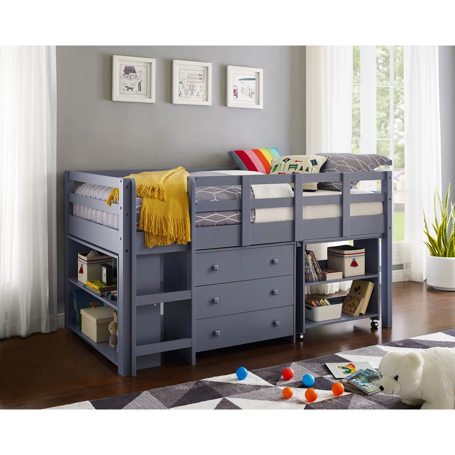 Low Loft Bed Twin Loft Bed with Desk Kids Beds for Boy Solid Pine Wood Toddler Bed for Girls with Ladder Storage Guard Rails No Box Spring needed - Color: Navy, Style: Low Loft Desk Storage
