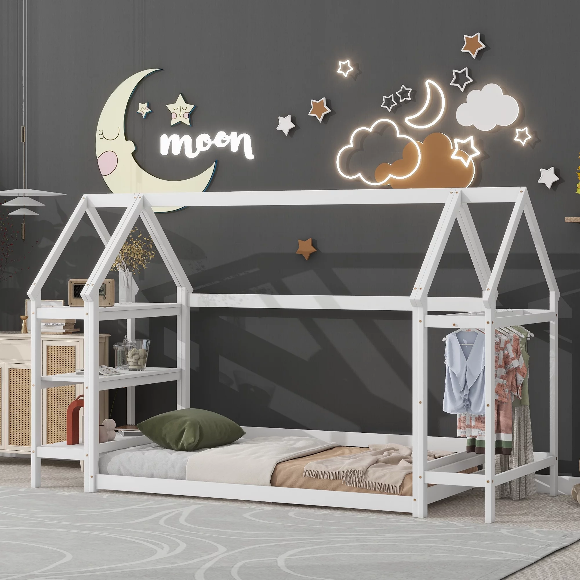 Momspeace Twin Size House-Shaped Floor Bed for Children with 2 Detachable Stands, Solid Wood, White