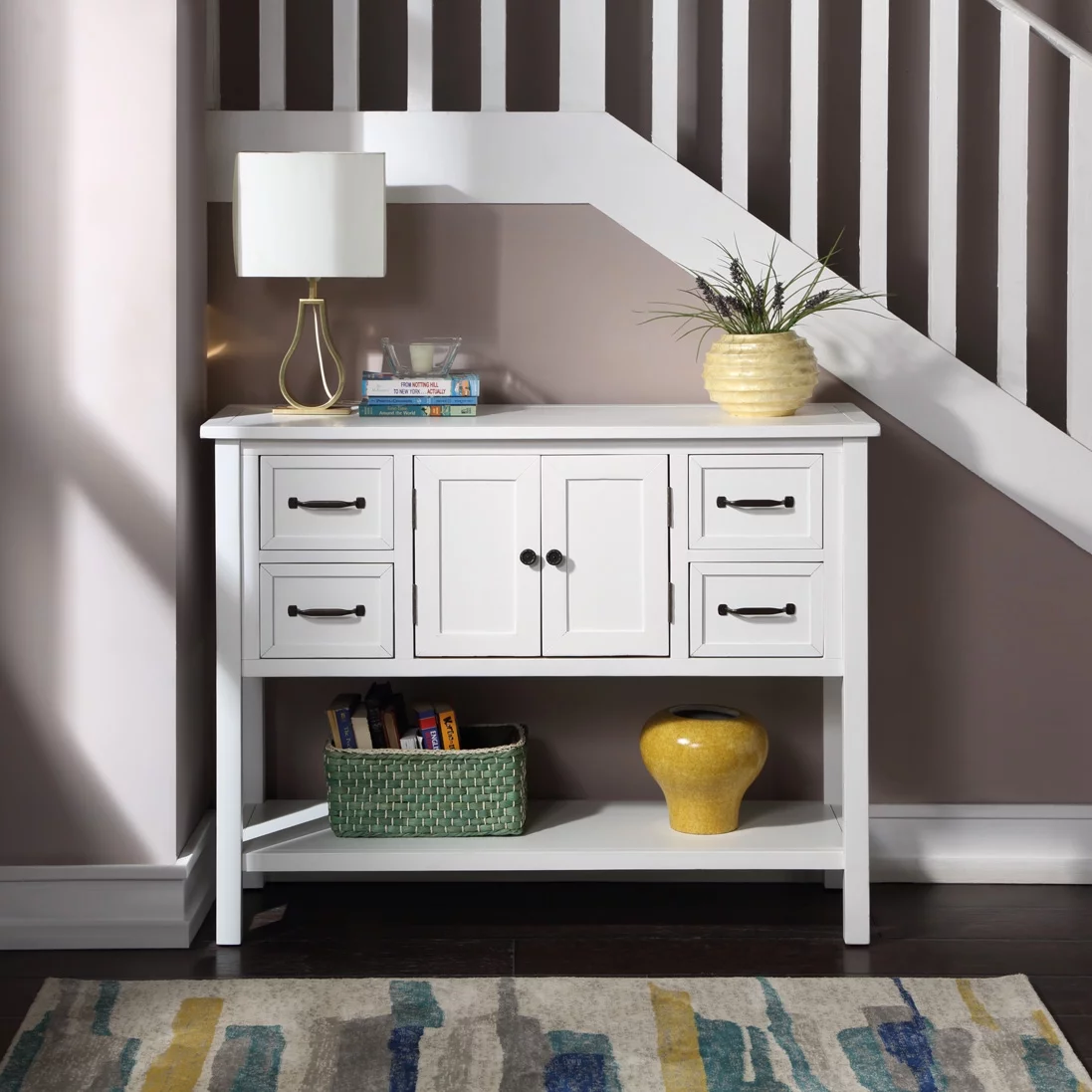 Sportaza 43‘’ Modern Console Table Sofa Table for Living Room with 4 Drawers, 1 Cabinet and 1 Shelf