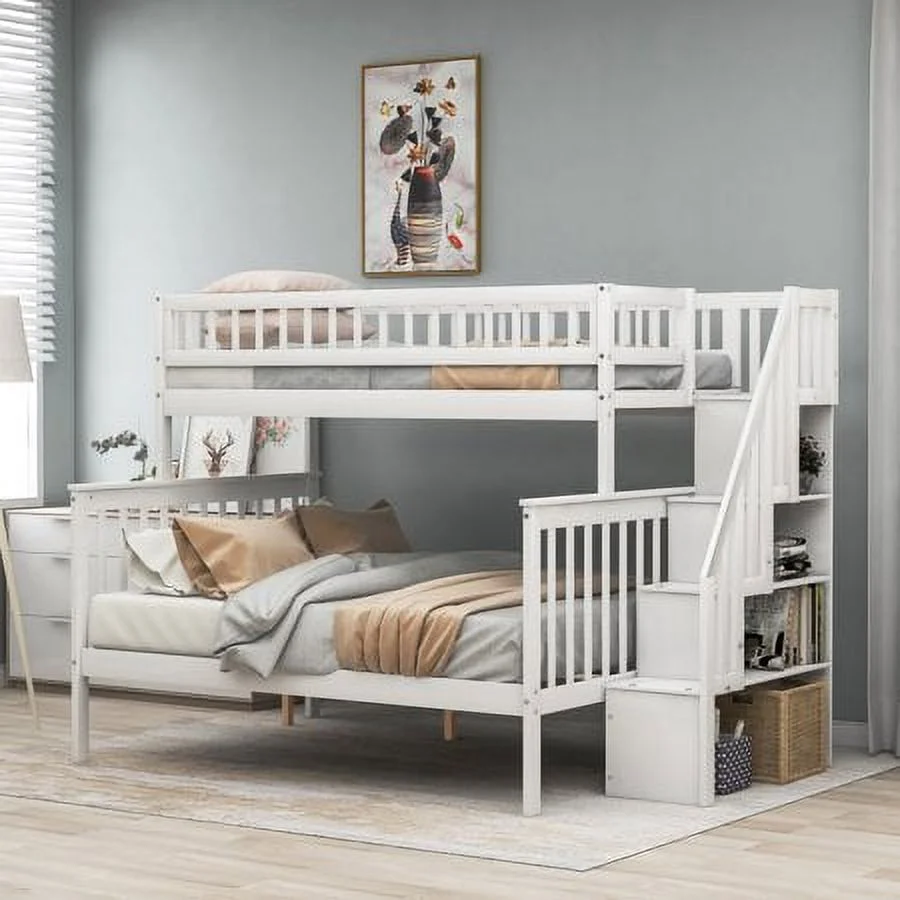 CHURANTY Twin Over Full Loft Bed with Stairs, Solid Wood Stairway Bunk Bed with Storage and Guard Rail for Kids Teens Adults