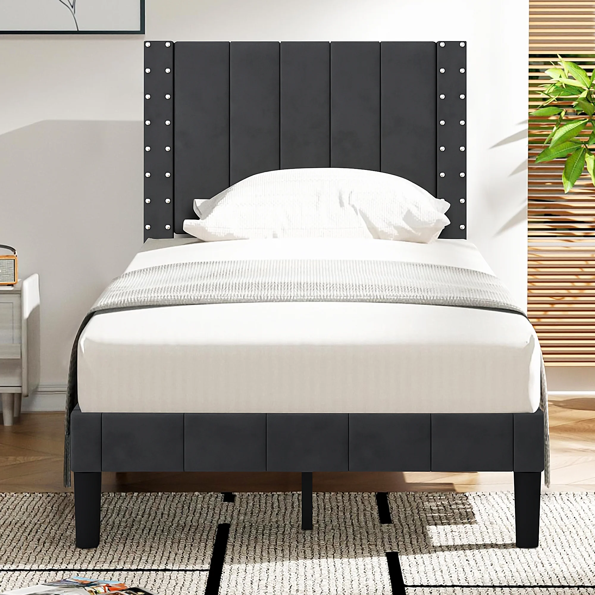 SYNGAR Twin Bed Frame, Twin Size Fabric Upholstered Platform Bed Frame with Headboard, Bedroom Furniture Metal Frame Platform Bed Frame, No Box Spring Needed, Grey