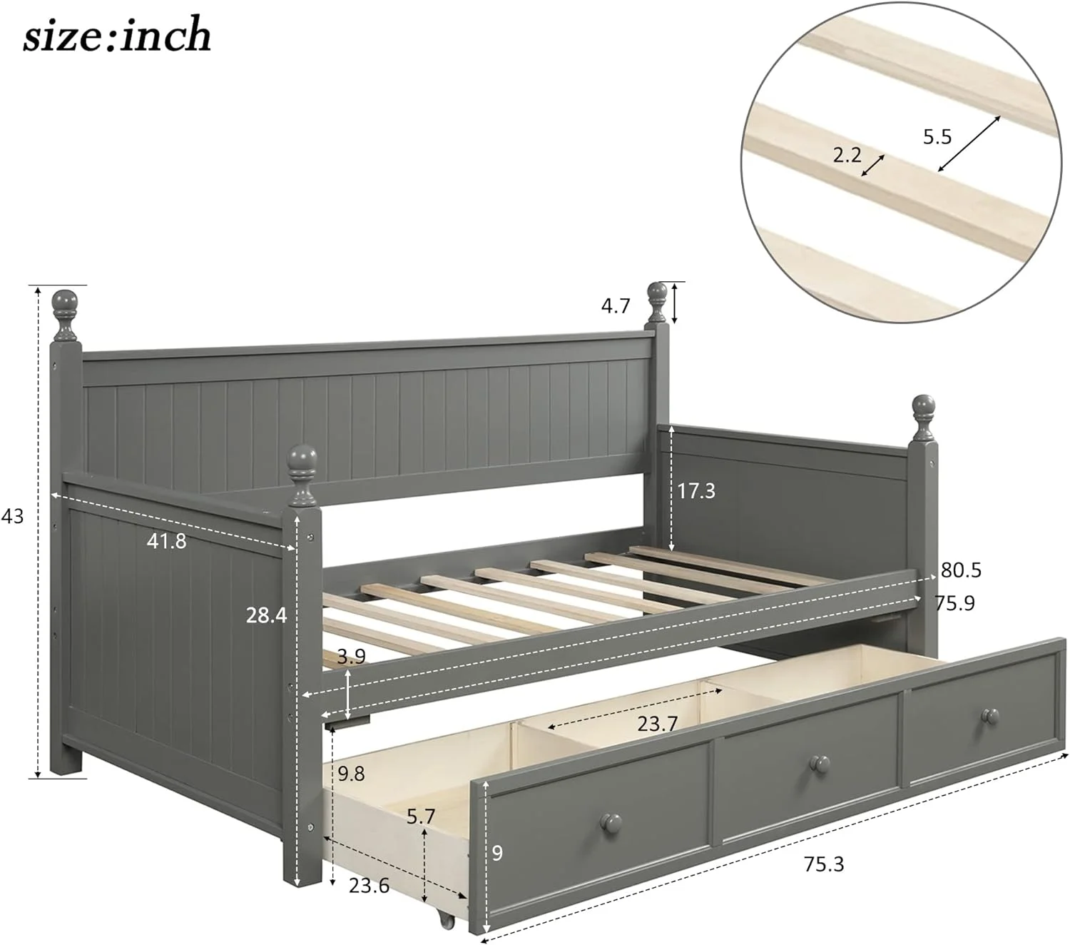 Size Daybed With Drawers, Wood Daybed With Storage, Dual-Use Bed Sofa Bed For Living Room,Guest Room,, No Box Spring Needed, Grey