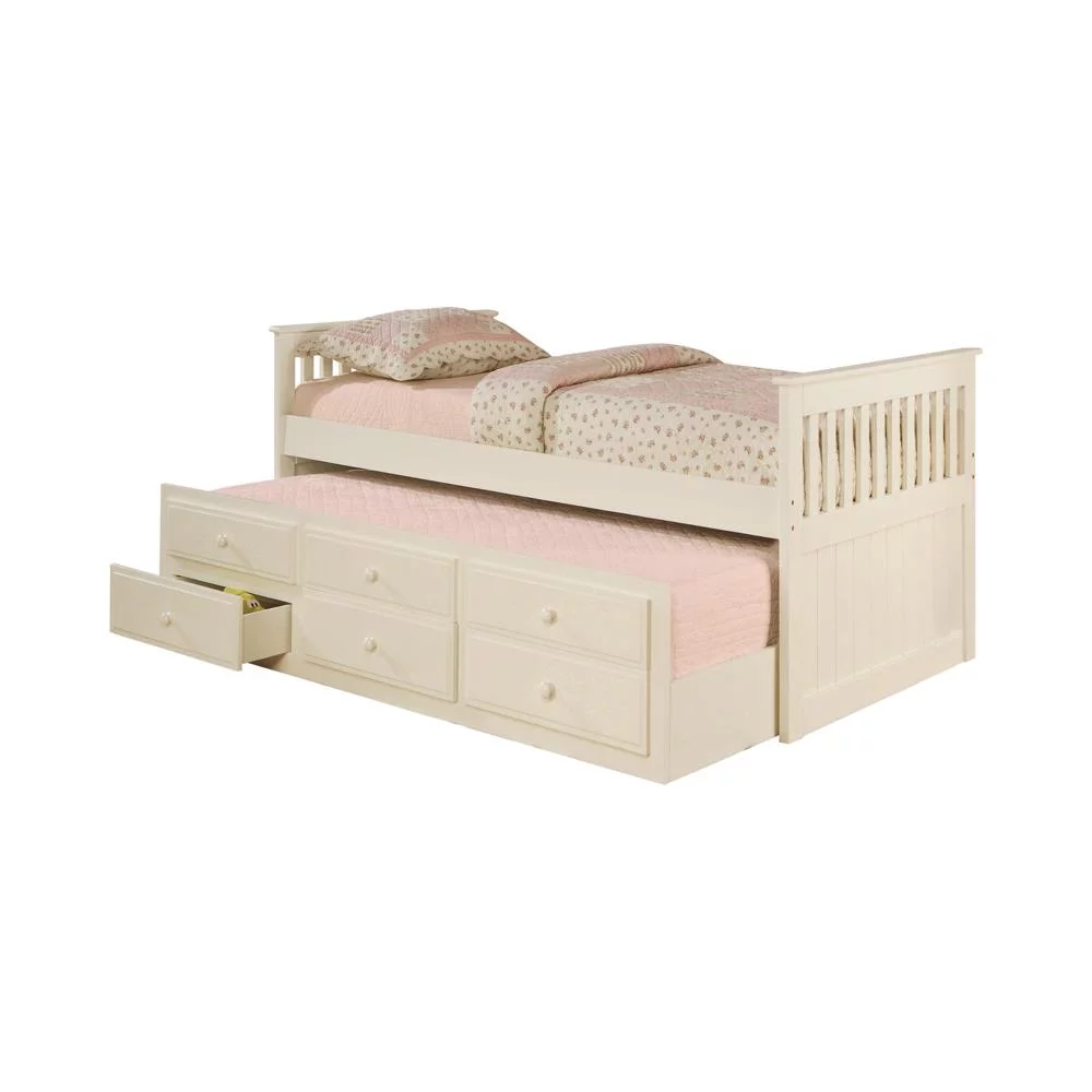 Twin Captain's Bed with Trundle and Storage Drawers White