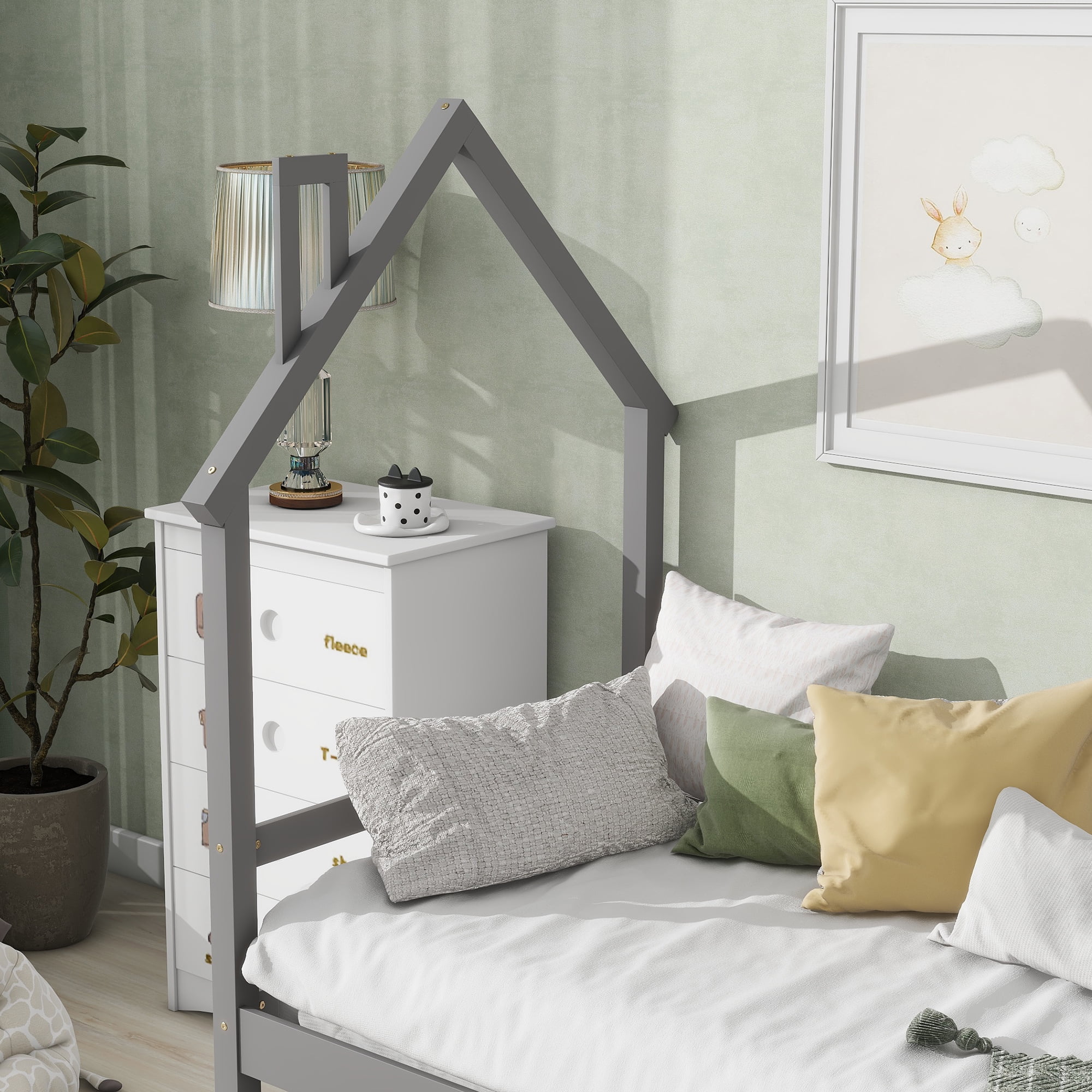 Docooler Twin Wooden Daybed with Trundle, House Shaped Headboard Bed, Grey Stylish and Space Saving Furniture for Kids' Room