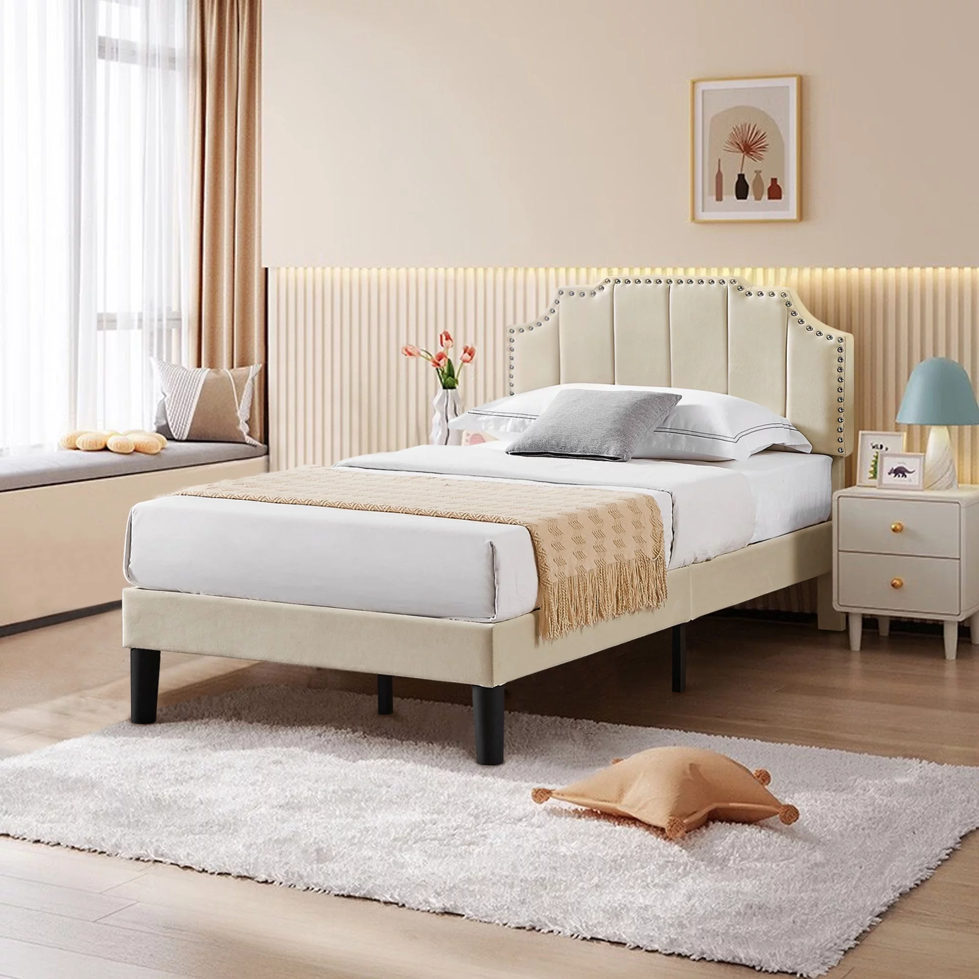 VECELO Twin Upholstered Platform Bed Frame, Height Adjustable Nailhead Trim Headboard, Easy Assembly/No Box Spring Required, Beige