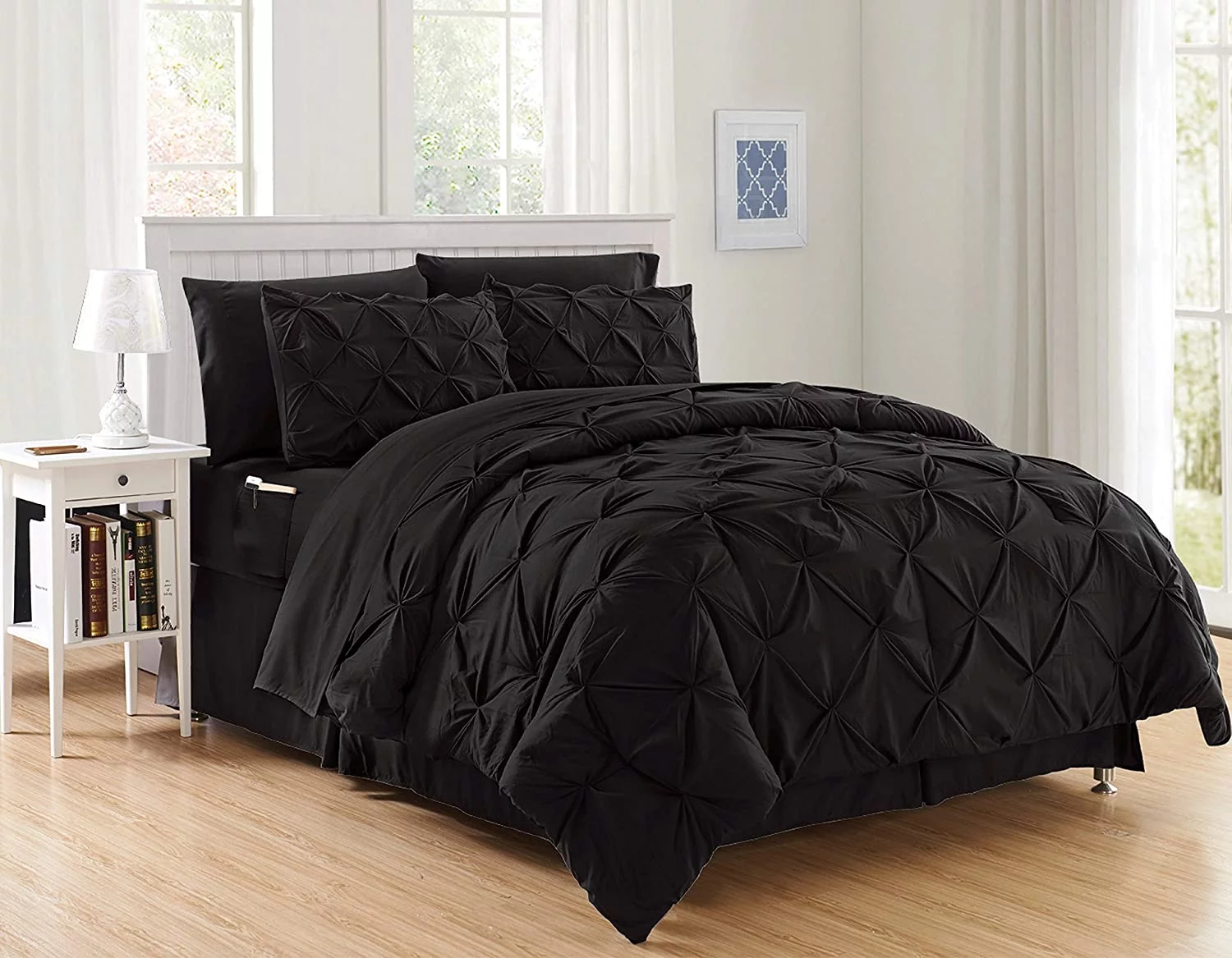 8-Piece Bed-in-a-Bag Comforter Set on Silky Soft Complete Set Includes Bed Sheet Set with Double Sided Storage Pockets, King/Cal King, Black