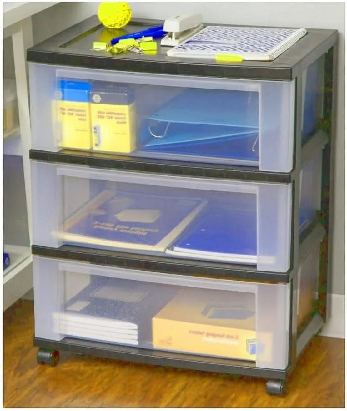 HOOMHIBIU Clear Plastic  Cart Kitchen Wheels Large 3 Deep Drawer Box Chest Organizer Rolling Bins Tiered Caster Cabinet Home Bedroom Bath Room Wide Office Games Cloth Accessories & eB