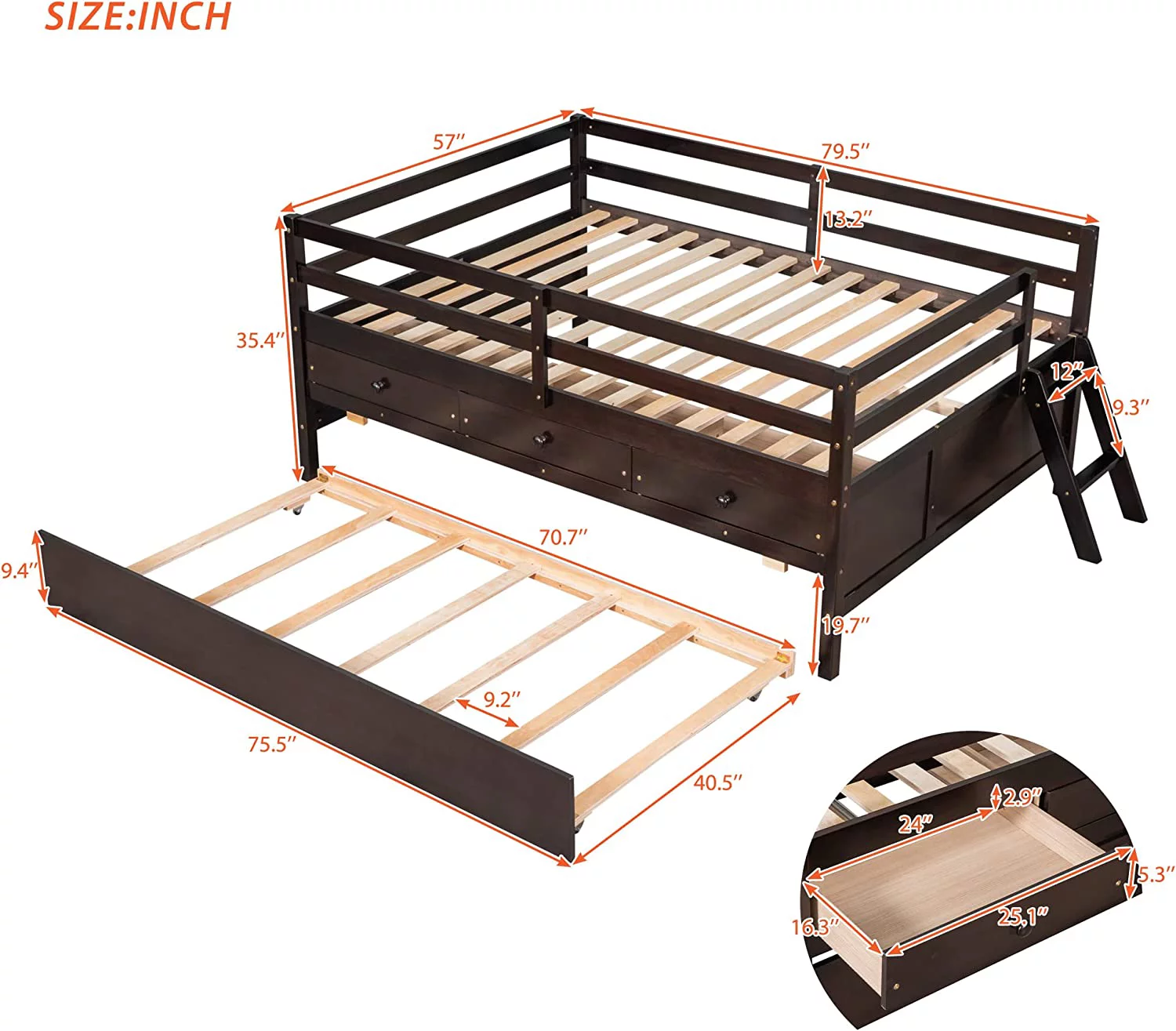 Size Low Loft Bed With Trundle And 3 Storage Drawers, Wood Kids Bed Frame With Safety Fence And Climbing Ladder For Kids Teens, No Box Spring Needed (, Gray)