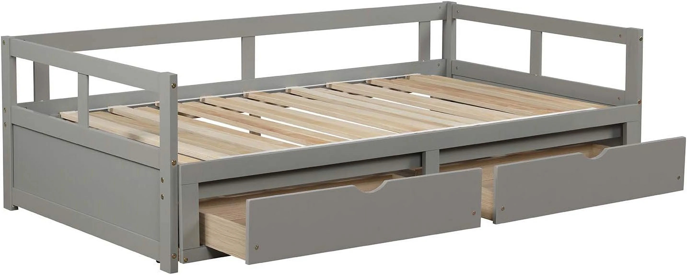 Daybed With Trundle And Drawers, To King Design Sofa Bed,Wooden Extendable Bed Daybed For Bedroom Living Room, Gray